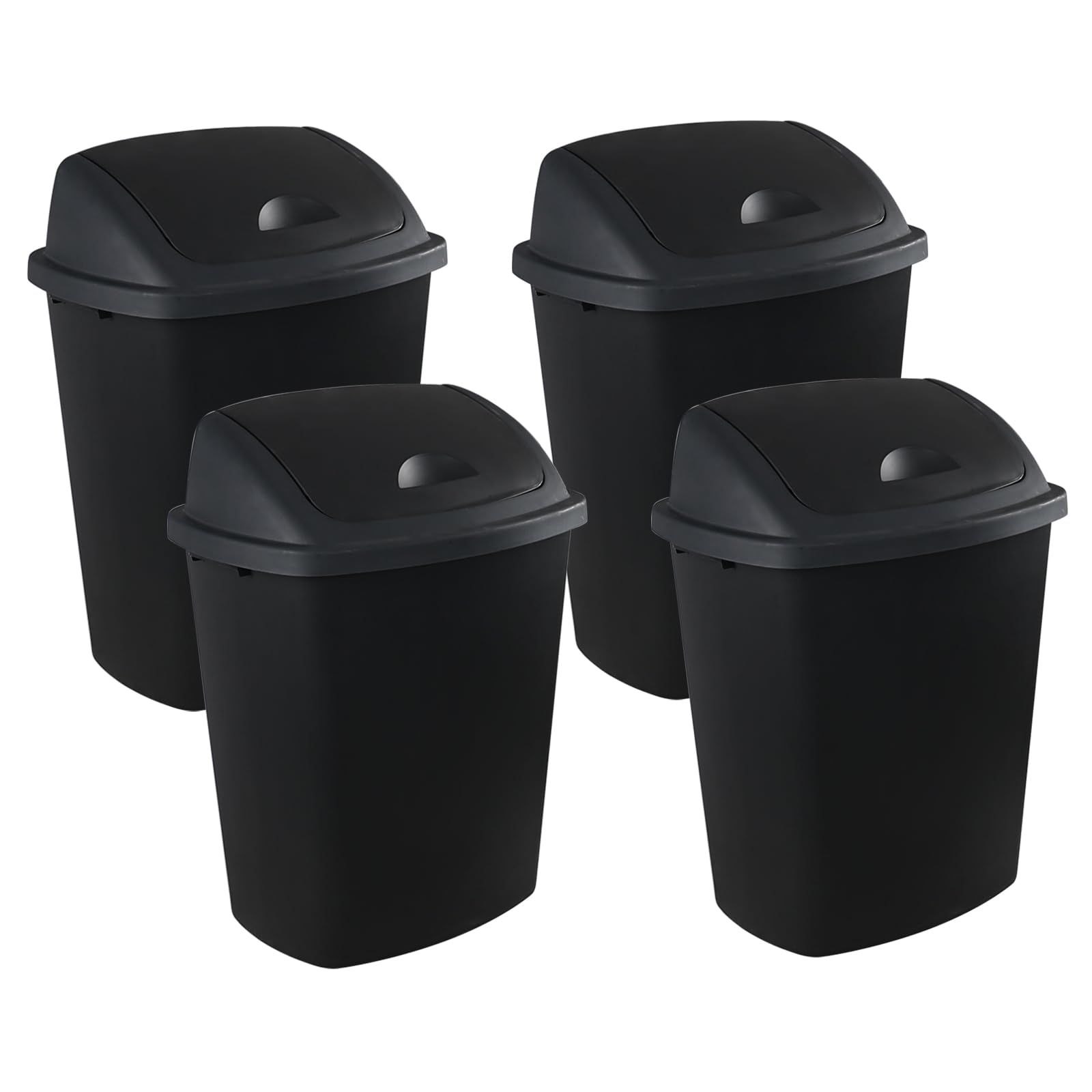 4-Pack 70 Liter Plastic Trash Cans with Swing Lid - Large Garbage Bins & Recycling Containers for Kitchen, Bathroom, Office & Outdoor Use - Black