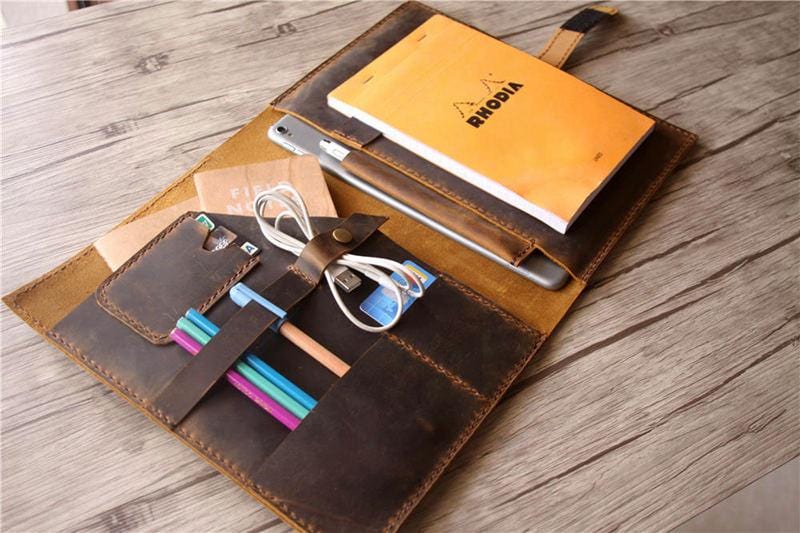 Premium Brown Genuine Leather iPad Pro Case with Apple Pencil Holder - Custom Name Engraving - Perfect for Work, Travel & Home Office Use