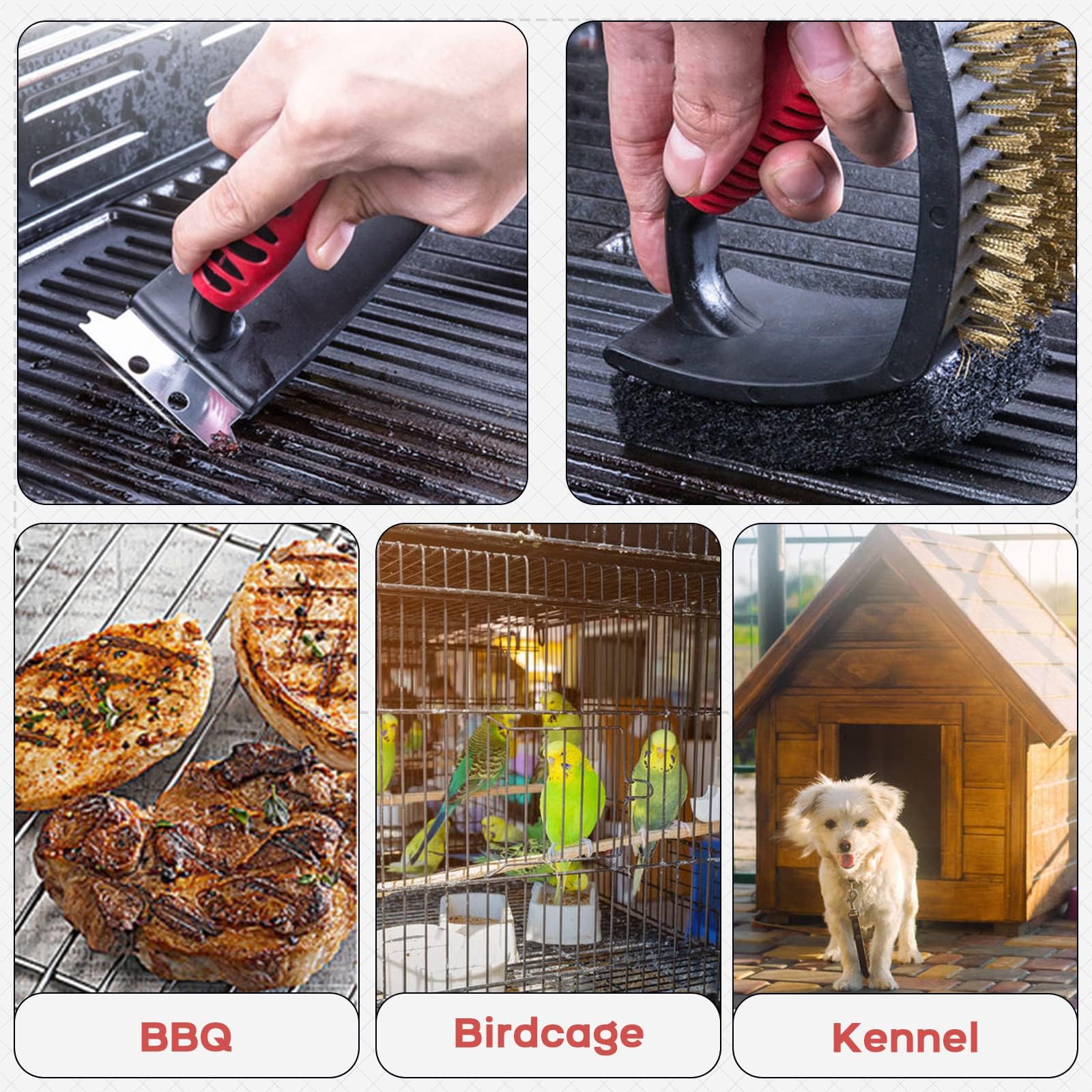 QBLEEV Stainless Steel Triangle Bird Cage Cleaner Brush Set - Multi-Function Copper Bristle, Lightweight & Durable - Includes Cleaning Brush (Red) - Perfect for Cleaning Bird Cages, Small Animal Habitats, and Pet Accessories
