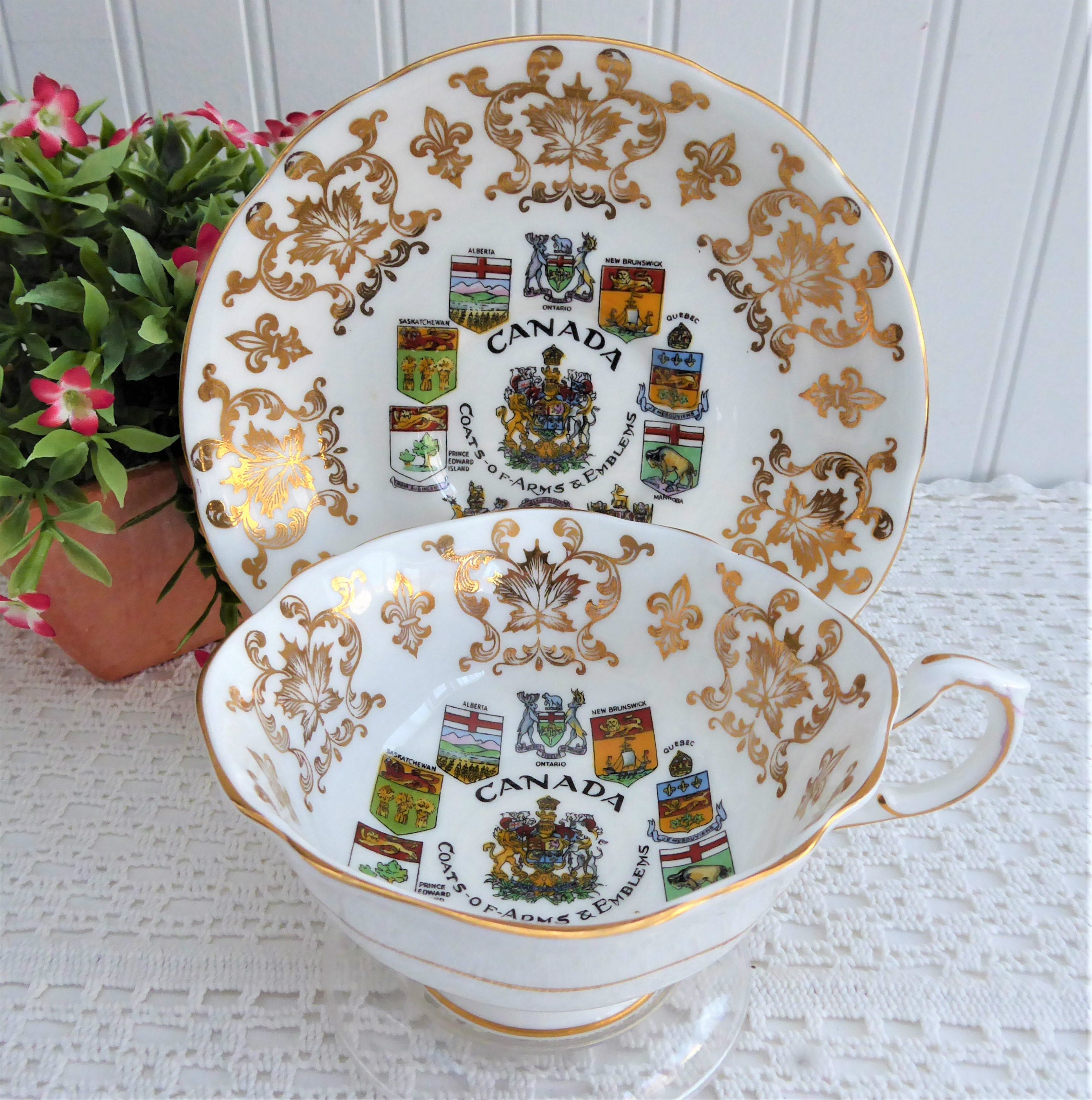 Paragon Cup and Saucer Set with Canadian Coats of Arms Emblems & Gold Overlay - Elegant Tea Set for Afternoon Tea, Royal Collection Display, and Gift Giving
