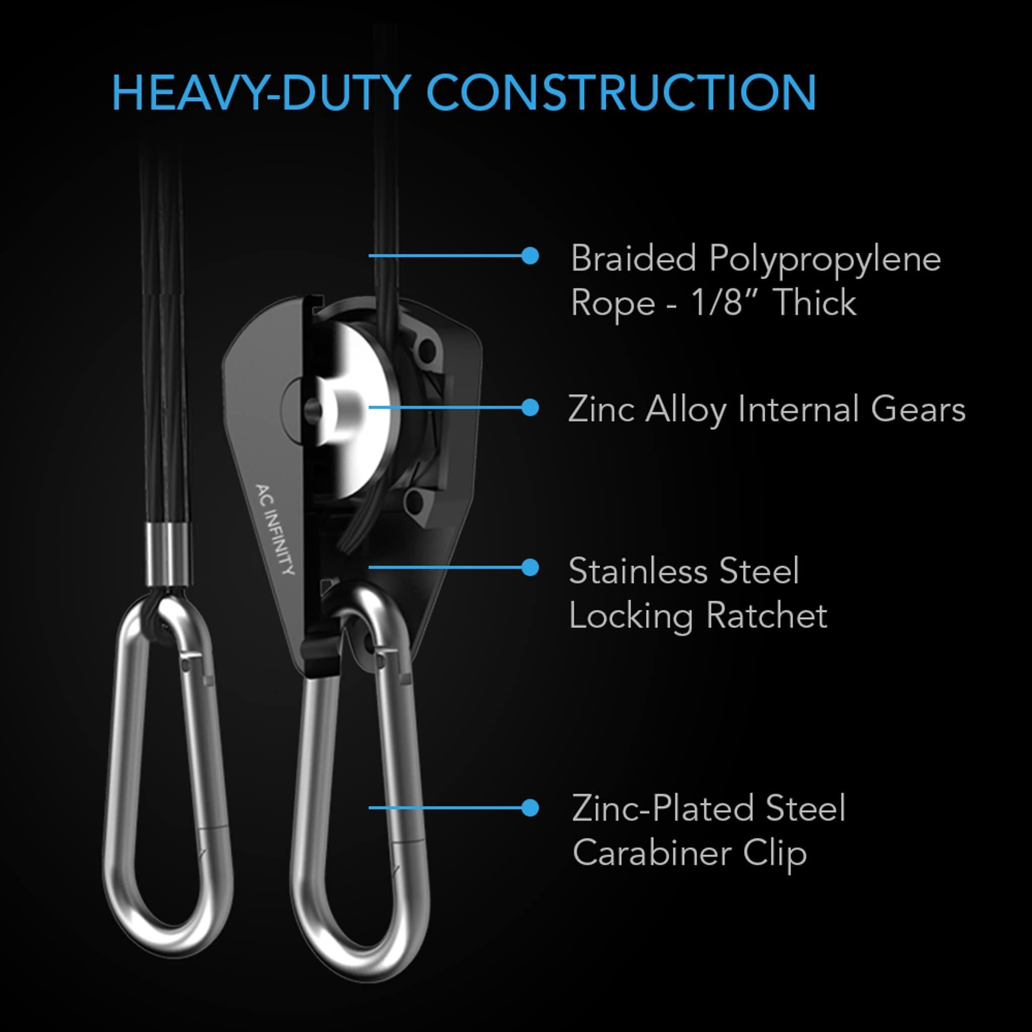 AC Infinity Heavy Duty Adjustable Rope Clip Light Hanger - 1 Pair for Grow Lights, Hydroponics & Indoor Plant Lighting
