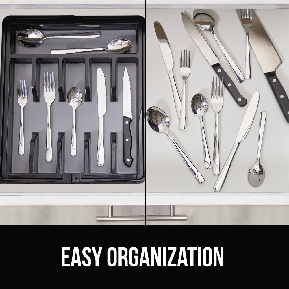 Gorilla Grip Expandable Silverware Organizer for Kitchen Drawers - BPA-Free Adjustable Utensil Tray with Non-Slip Rubber Lining & Grip Feet - Maximize Flatware Storage (Black) | Perfect for Organizing Forks, Spoons & Knives in Home or Restaurant Kitchens