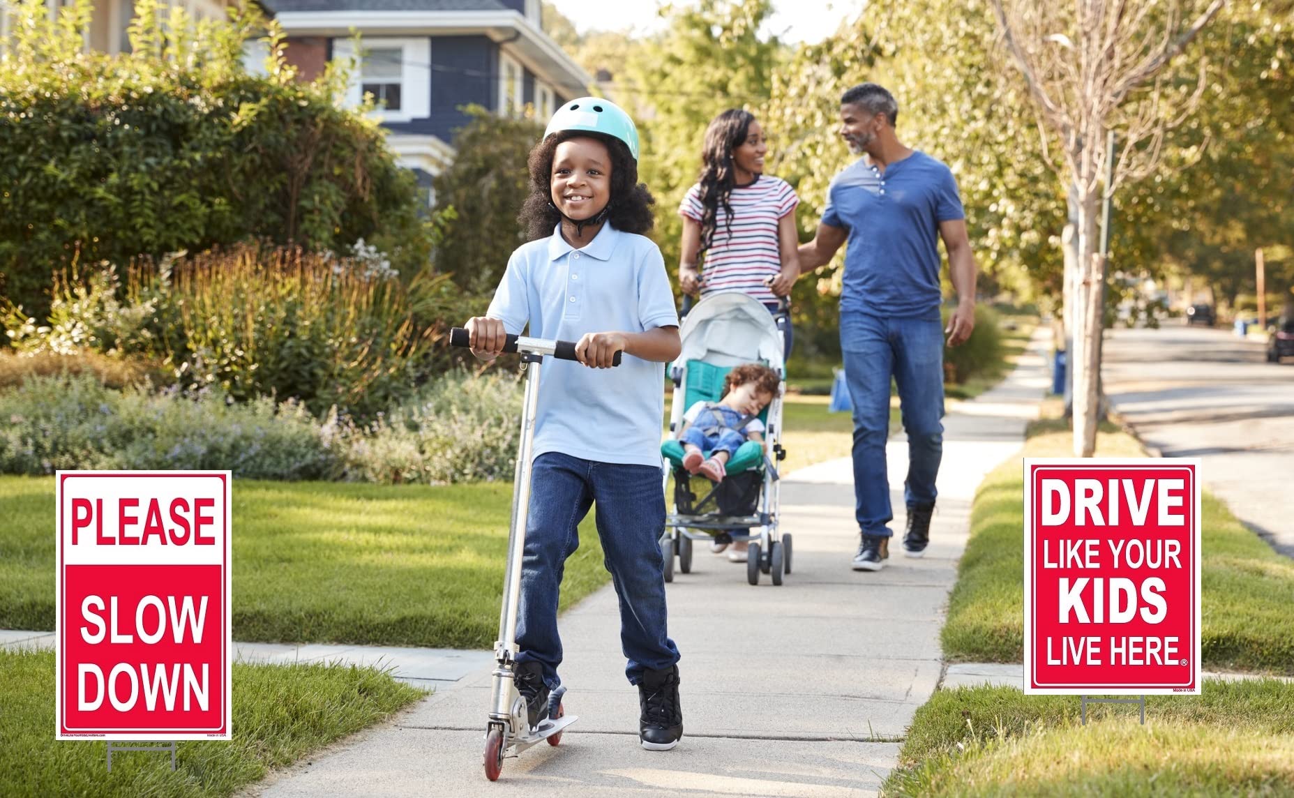 Slow Down & Drive Like Your Kids Live Here Sign Combo Pack - Double Sided Red/White Safety Signs with Metal Stand | Perfect for Neighborhoods, School Zones & Residential Areas