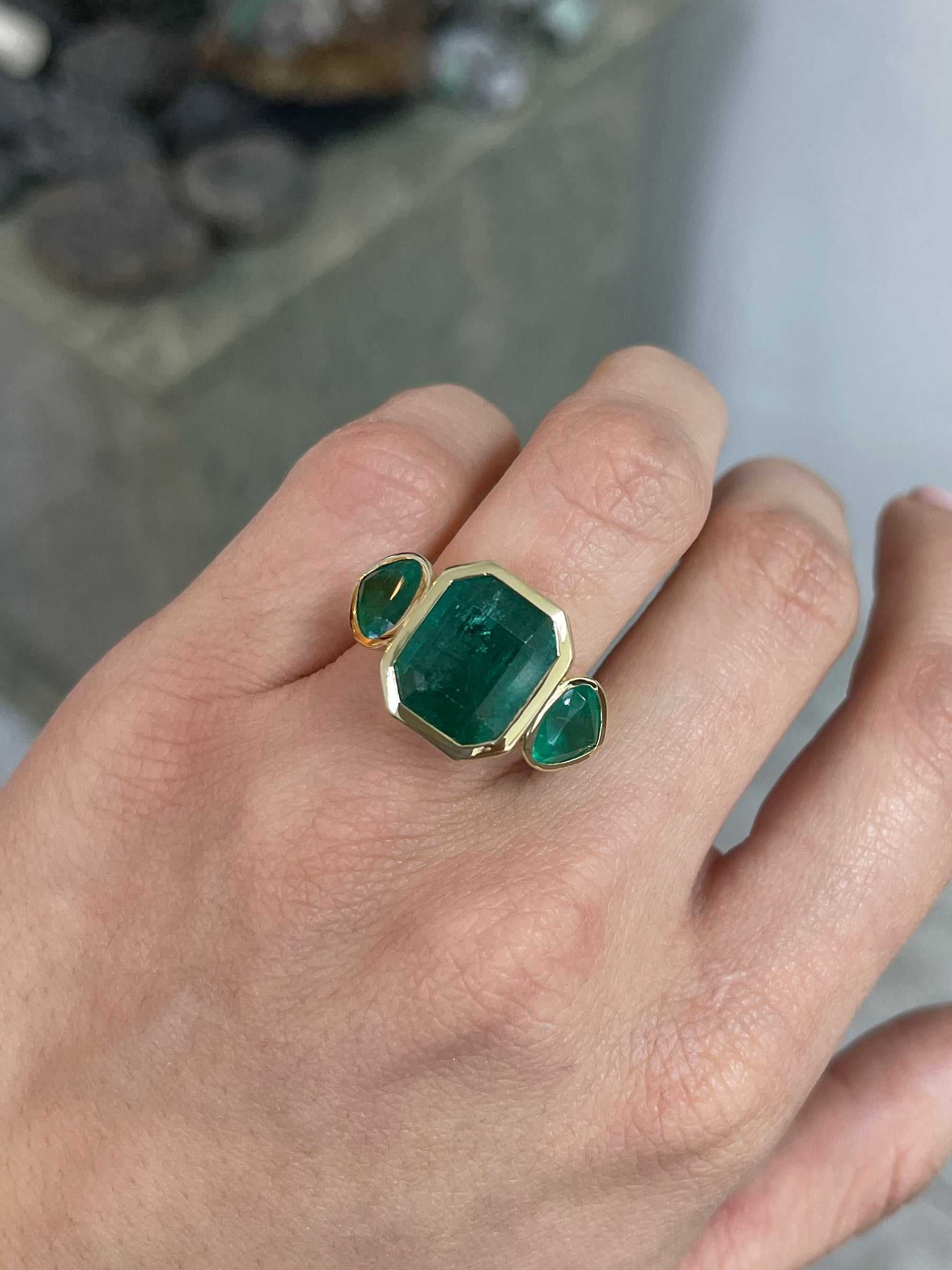 15.44tcw Three Stone Emerald Ring - 11.32 Carat Zambian Emerald with Pear Cut Accents in 18K Gold | Elegant Jewelry for Weddings, Anniversaries & Special Occasions