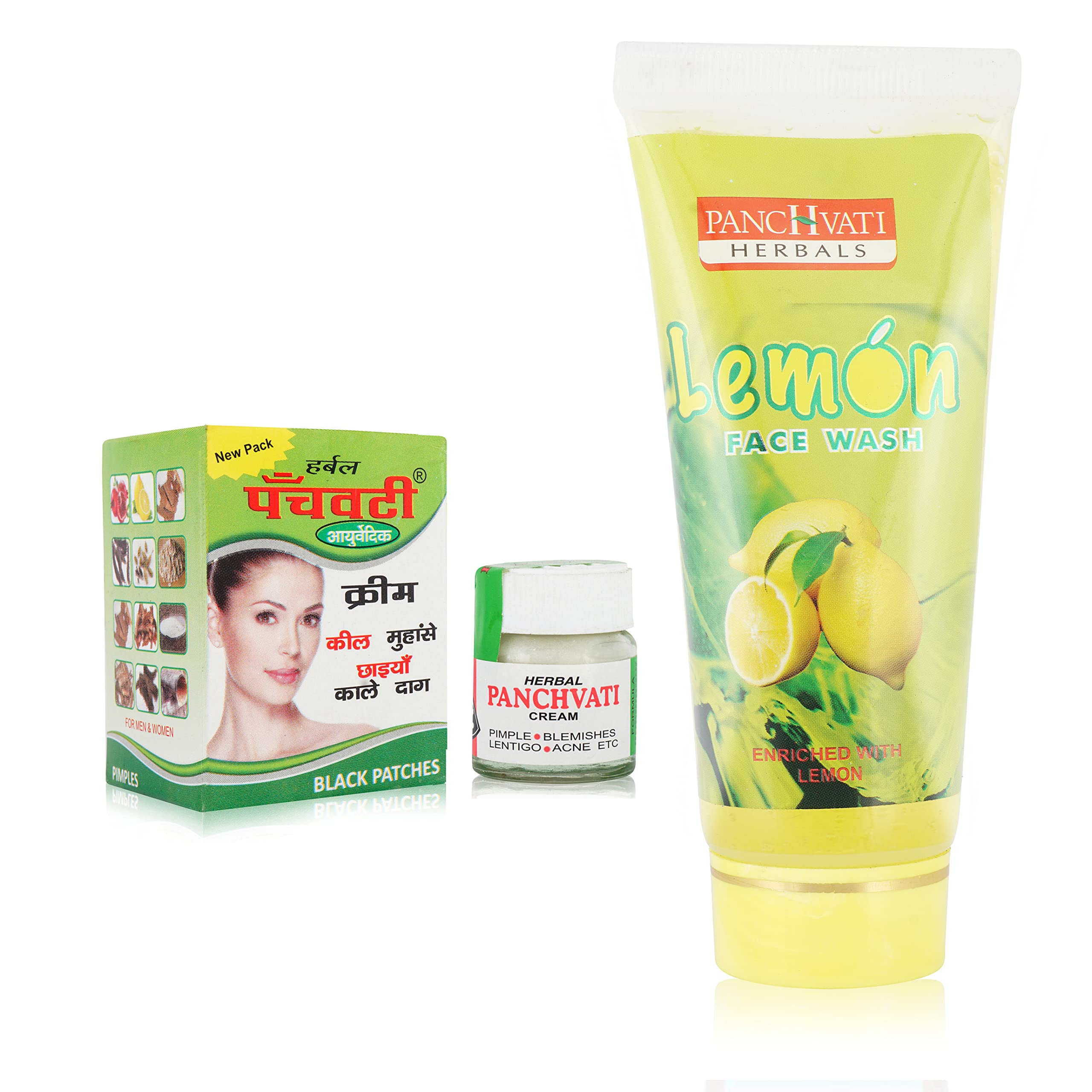 Panchvati Herbals Acne Cream 10gm & Lemon Face Wash 60ml Combo - Fights Acne, Removes Black Spots & Pimples - Gentle Antioxidant-Rich Cleanser for Men & Women - Perfect for Daily Skincare & Blemish Control