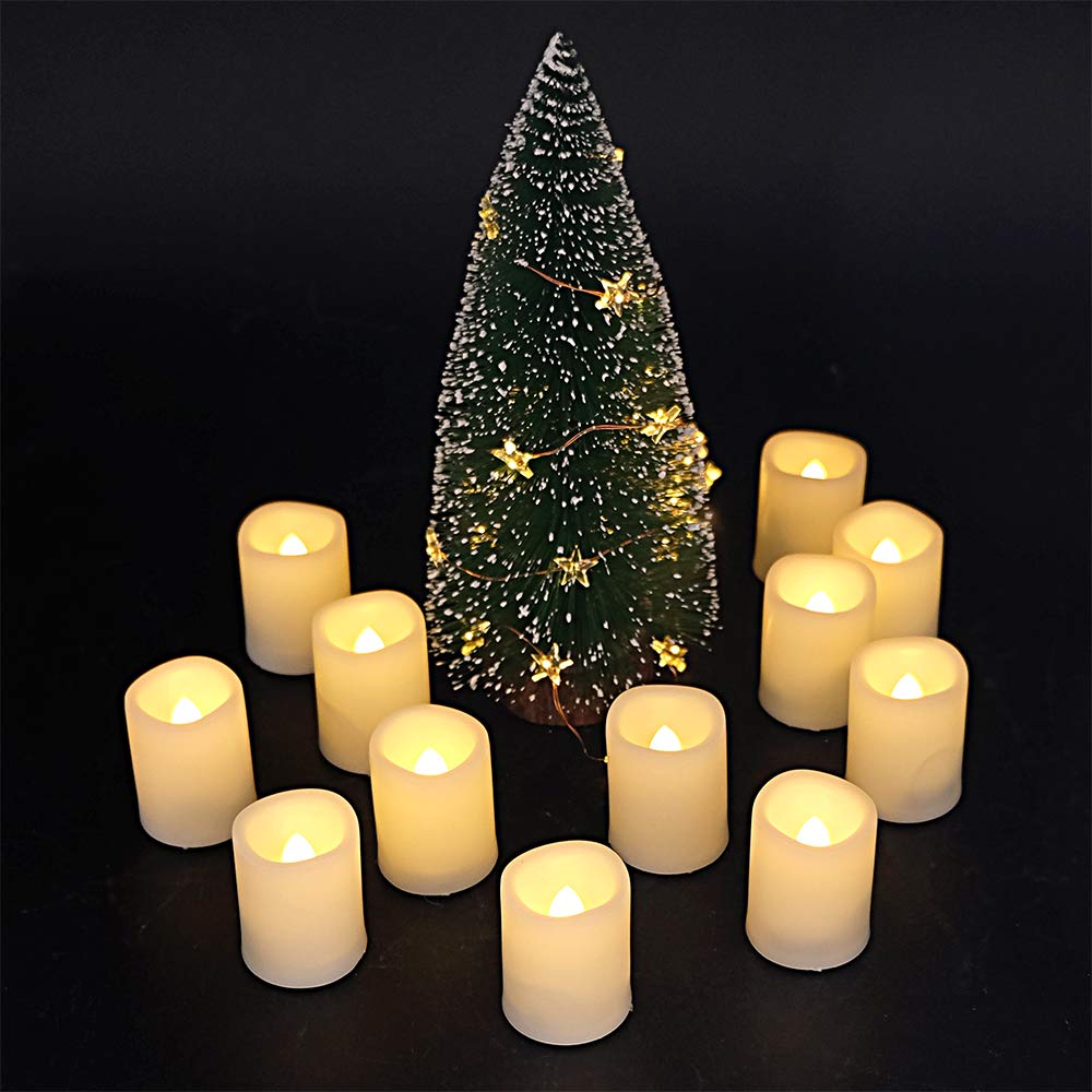 DRomance Flameless LED Votive Candles - Set of 12 Battery Operated Tealights with Remote & Timer, Amber Yellow Glow (1.5x2 Inch) - Perfect for Christmas Decor, Wedding Centerpieces, Romantic Dinners & Home Ambiance Lighting