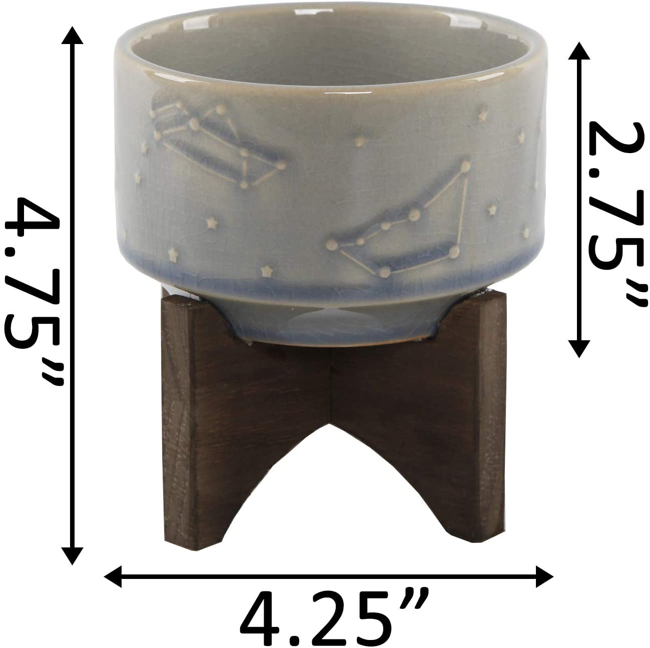 Flora Bunda 4 Inch Constellation Ceramic Planter with Wooden Stand - Mid Century Modern Blue Glass Pot for Succulents, Herbs & Small Plants | Perfect for Home Decor, Office Desk & Gift Giving