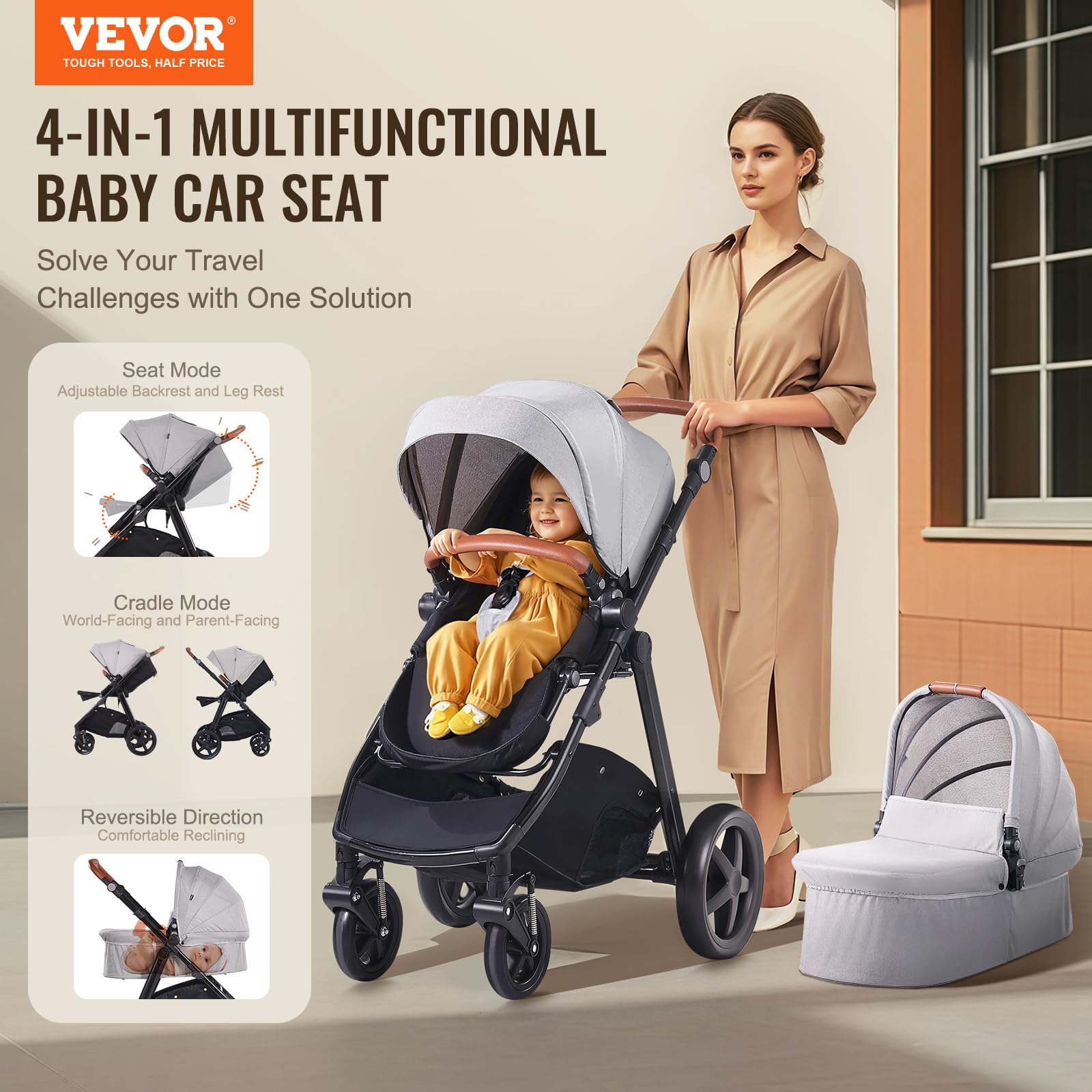 VEVOR 2-in-1 Travel System Stroller with Bassinet & Reversible Seat | Light Gray Baby Stroller Combo with One-Button Fold, EVA Tires & Brake | Perfect for Newborns, Shopping & Outdoor Walks