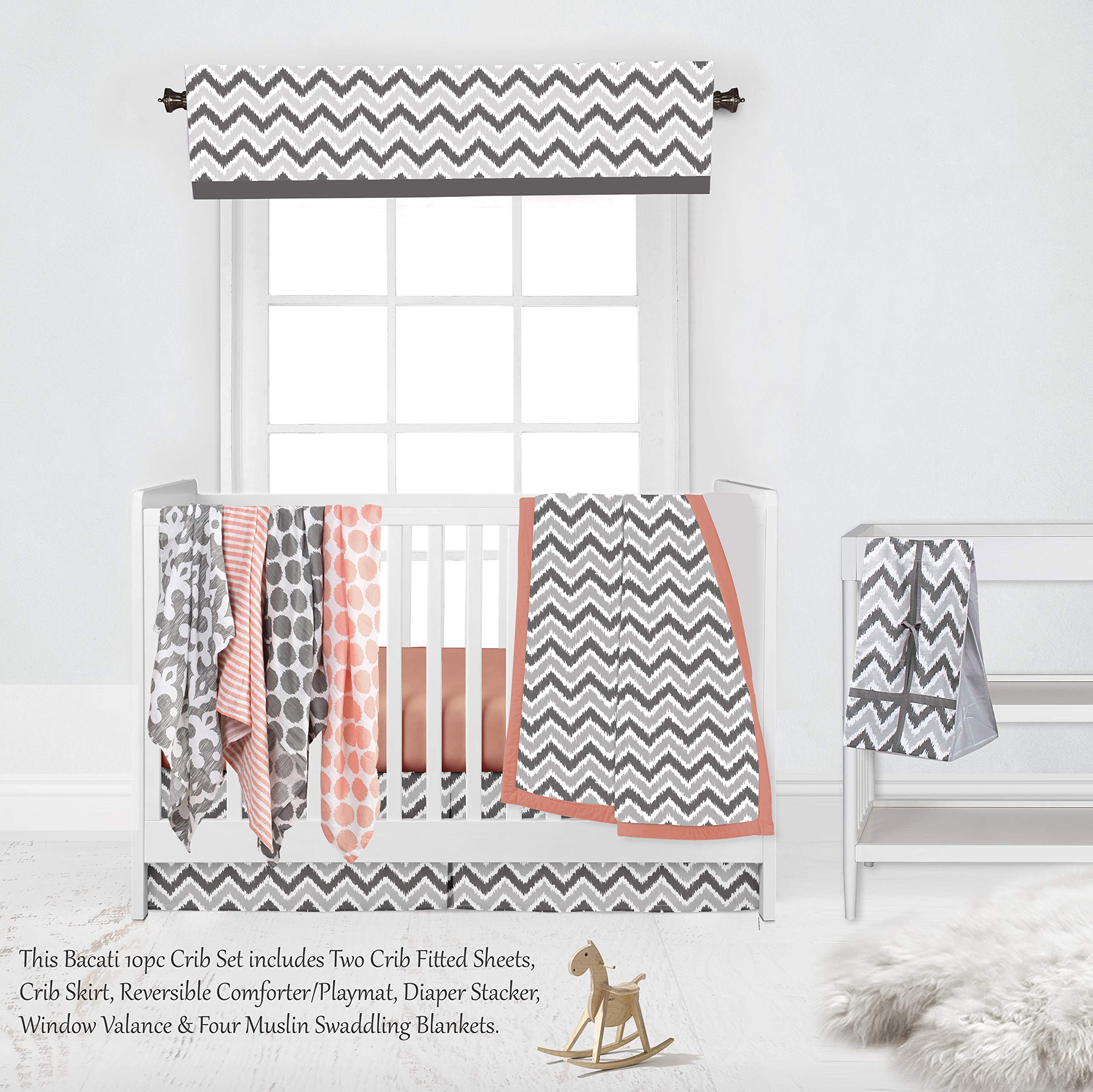 Bacati Coral Grey Ikat Chevron Muslin 10-Piece Neutral Crib Bedding Set with 4 Swaddle Blankets for Standard US Crib - Soft Baby Nursery Essentials for Newborns & Infants