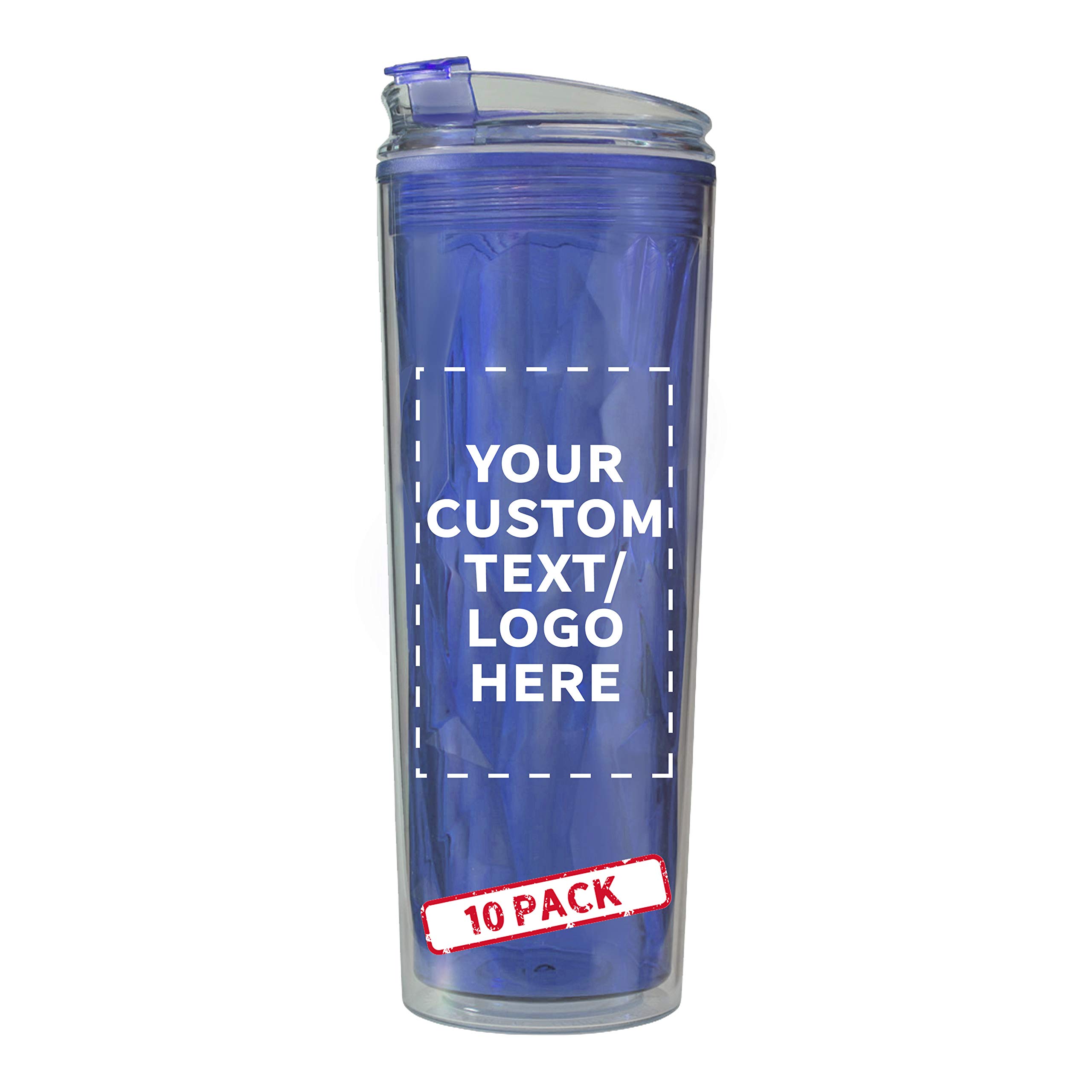 Custom 20 oz Double Wall Insulated Plastic Travel Mugs - 10 Pack with Personalized Text & Logo - Blue - Perfect for Office, Gym, Camping & Outdoor Activities
