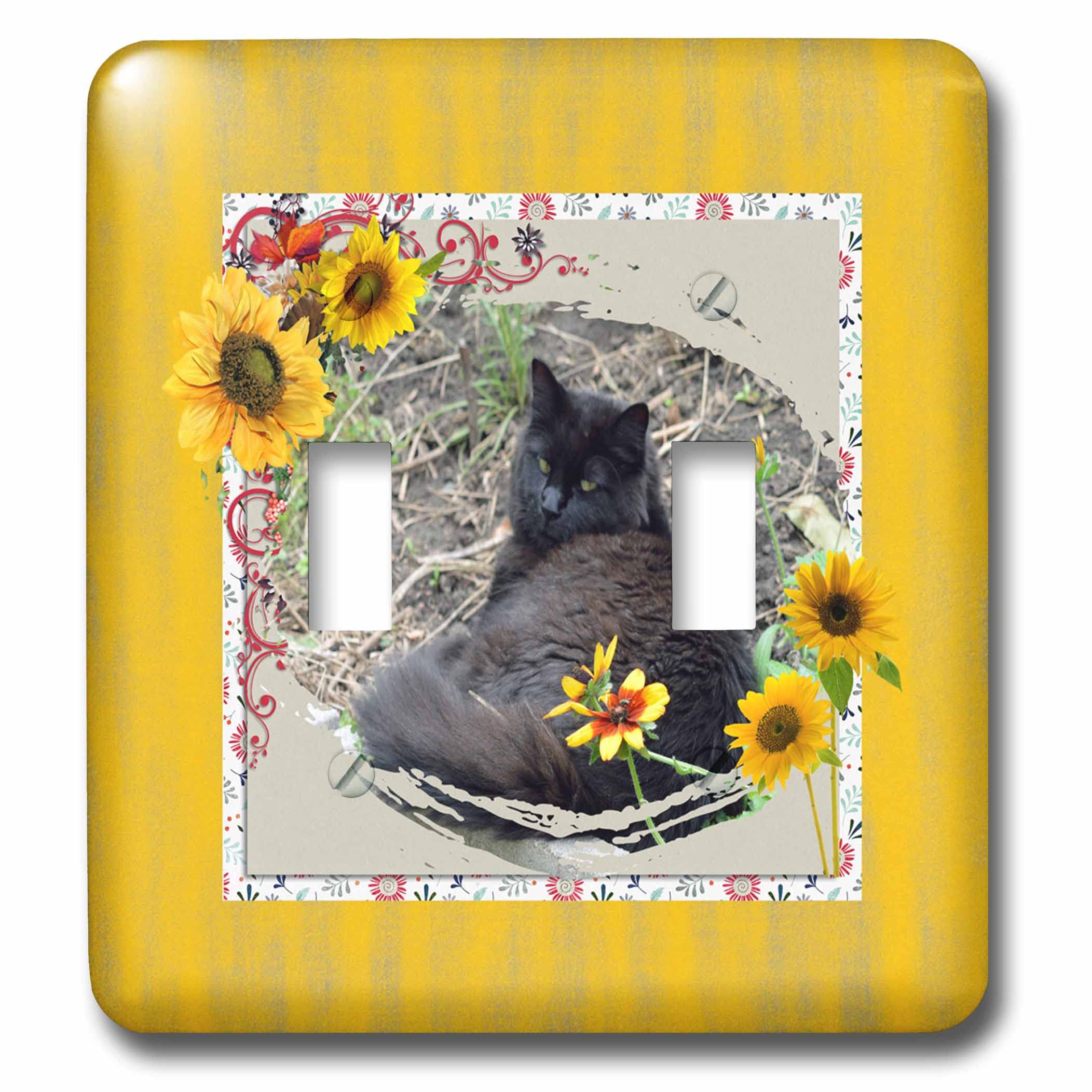 3D Rose Black Turkish Angora Cat in Sunflower Frame Light Switch Cover - Yellow Decorative Wall Plate for Bedroom, Kitchen, Living Room Home Decor