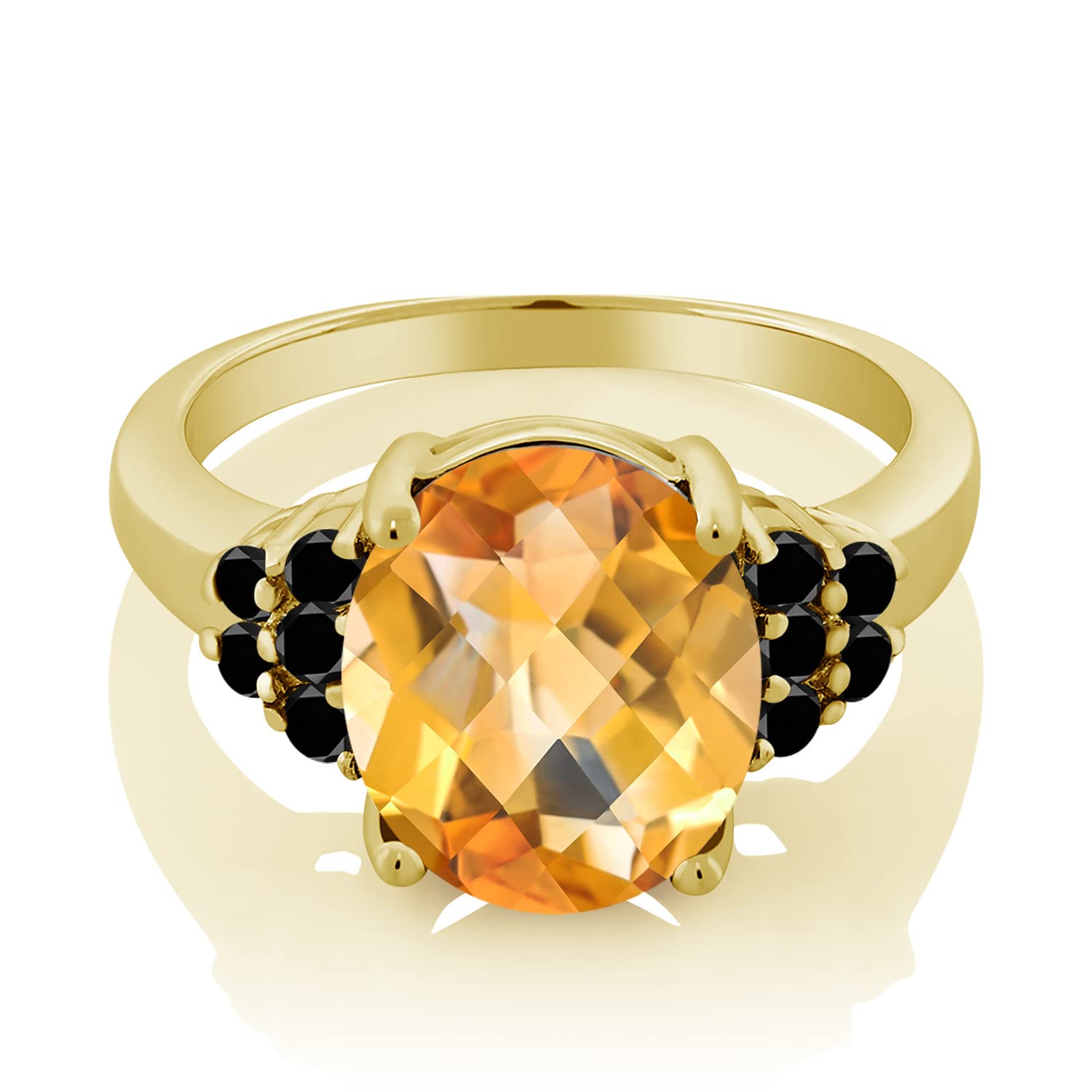 6.06 Ct Oval Checkerboard Yellow Citrine & Black Diamond Ring in 18K Gold Plated Silver | Gem Stone King | Elegant Jewelry for Women, Perfect for Weddings, Anniversaries & Special Occasions