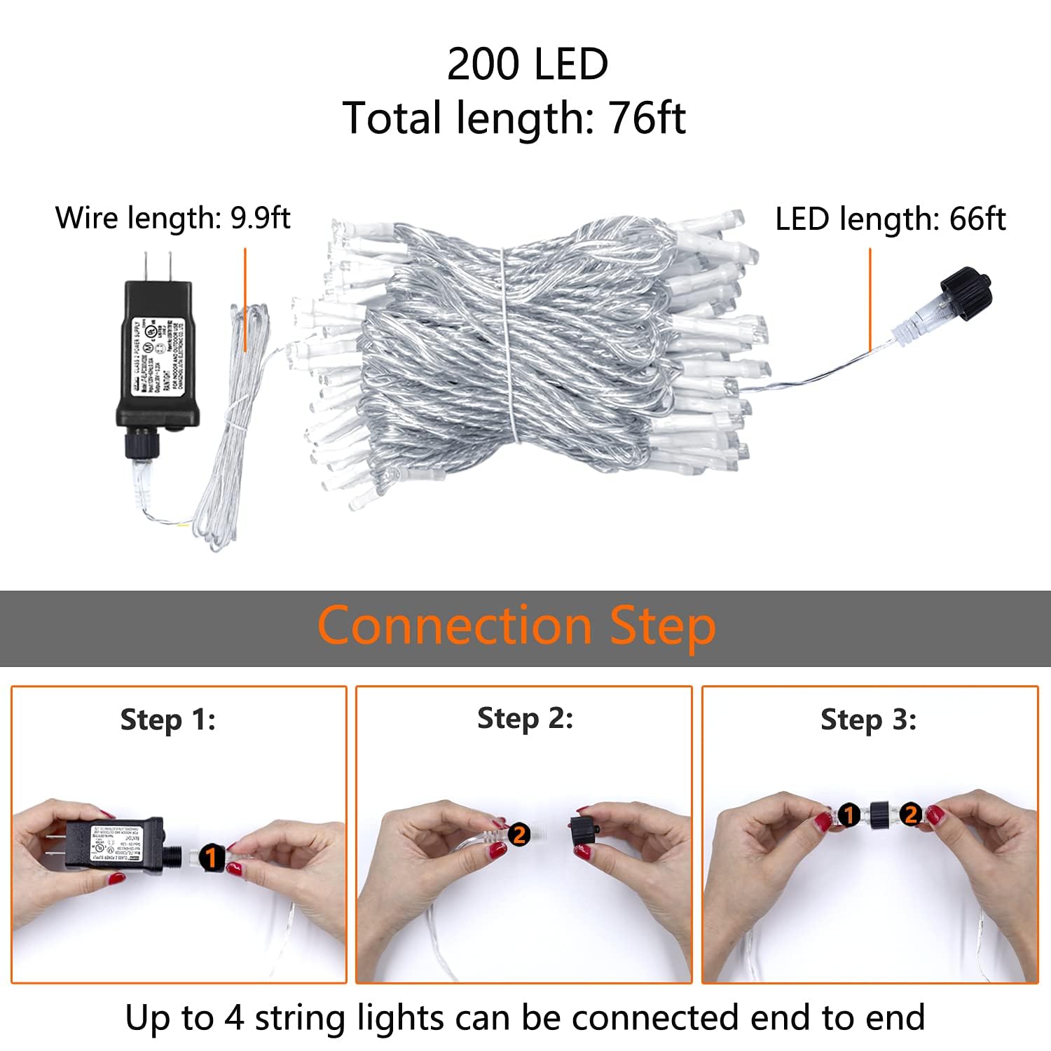Orange Halloween String Lights - 200 LED 66ft Outdoor/Indoor Connectable Lights with 8 Modes | UL Certified Waterproof Fairy Lights for Home, Garden, Porch, Party Decor | Perfect for Halloween, Thanksgiving & Christmas Celebrations