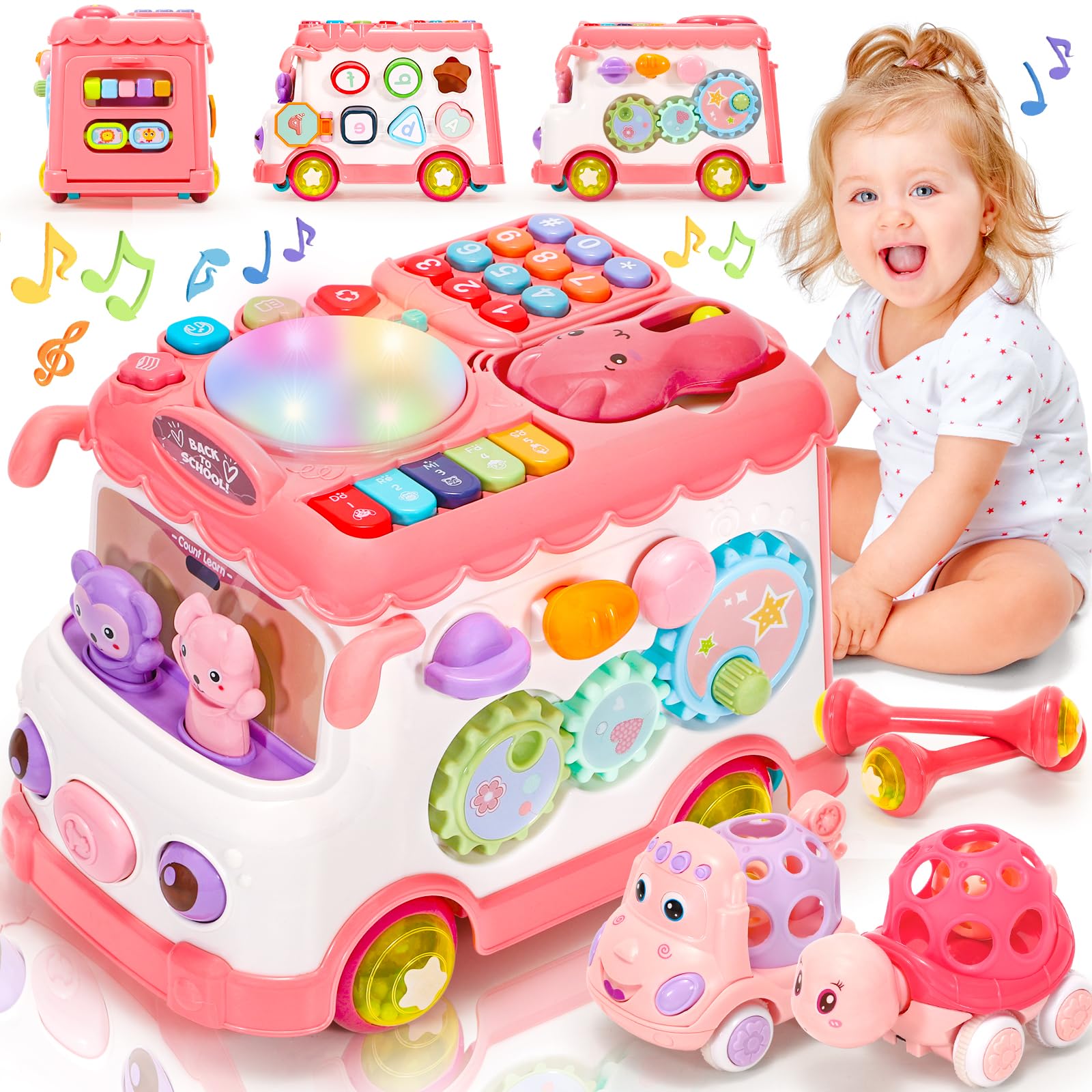 10-in-1 Montessori Bus Toy for Toddlers 1-2 Years Old - Educational Musical Sensory Learning Toys for Baby Girls 6-18 Months - Perfect First Birthday & Christmas Gift (Pink) - Great for Early Childhood Development & Playtime Learning