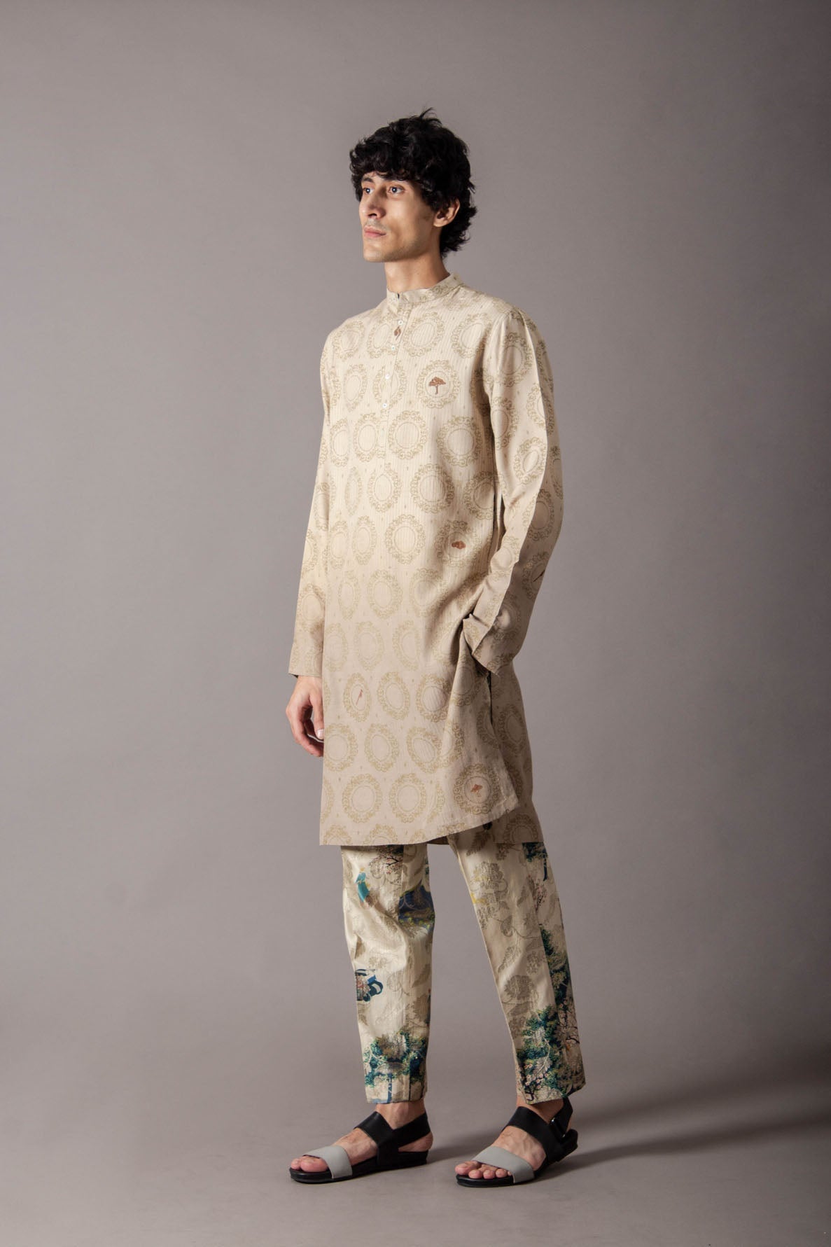 Roshan Bade Miyan Kurta - Premium Muga Satin Beige Circular Kurta for Men - Perfect for Festivals, Weddings & Cultural Events