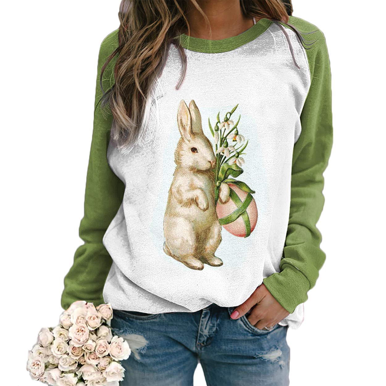 Women's Easter Bunny Print Sweatshirt - Cute Rabbit with Egg & Lily Design - Cozy Pullover for Spring Outfits, Easter Celebrations & Casual Wear