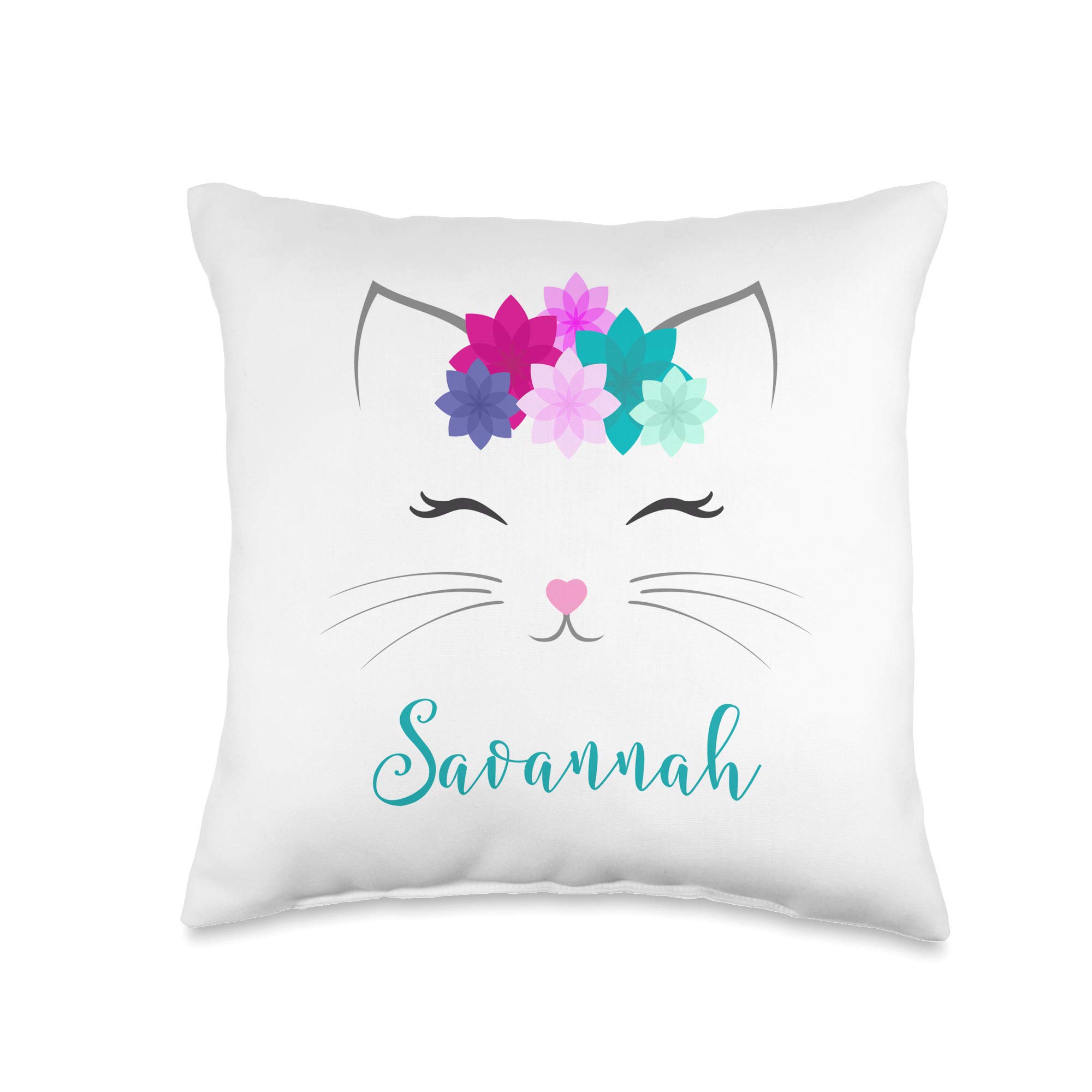 Personalized Savannah Name Cat Throw Pillow for Girls - 16x16 Inch Multicolor Decorative Pillow for Bedroom, Nursery & Dorm Room Decor | Perfect Gift for Cat Lovers & Kids