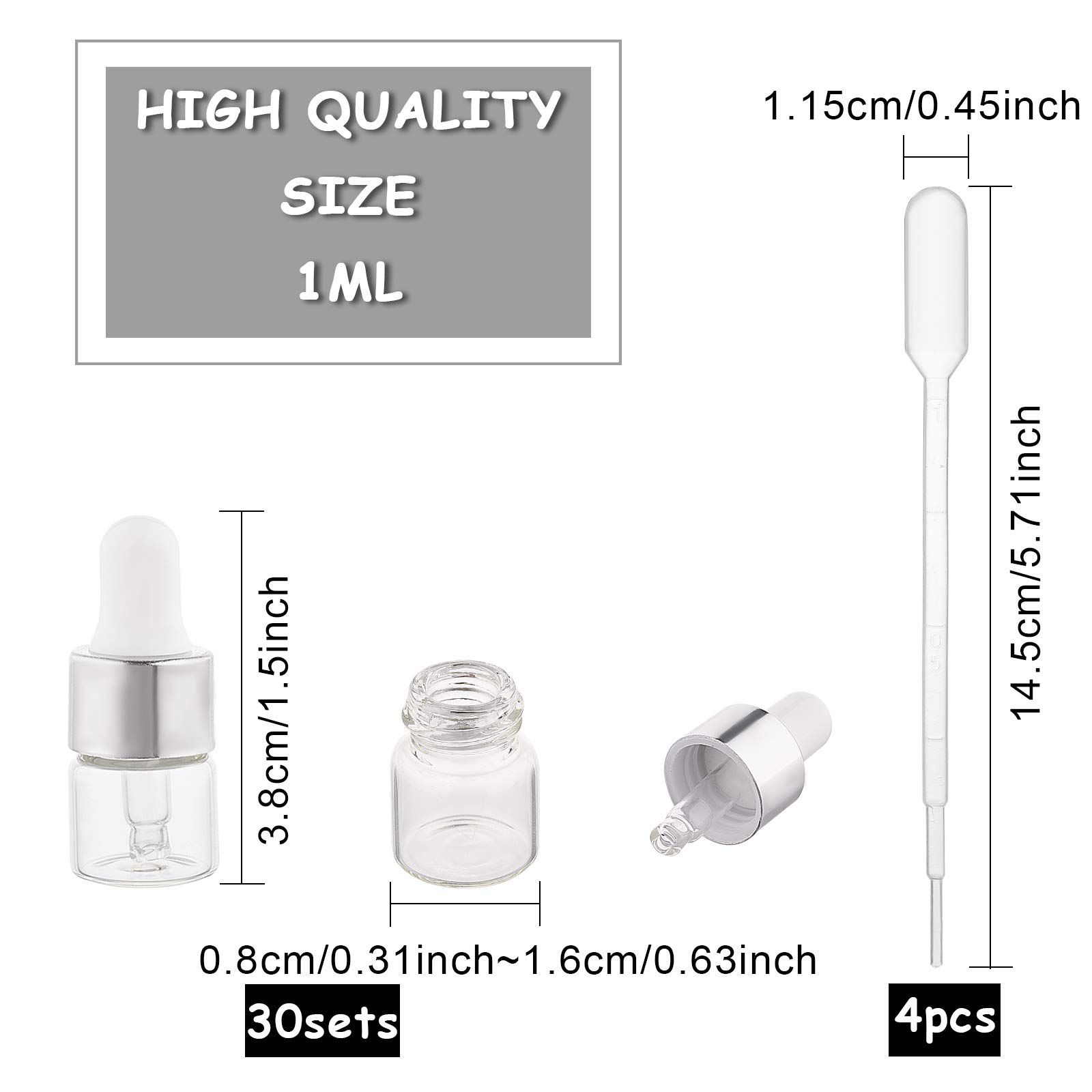 BENECREAT 30 Pack 1ml Glass Dropper Bottles with Silver Caps - for Essential Oils, Aromatherapy & Cosmetics