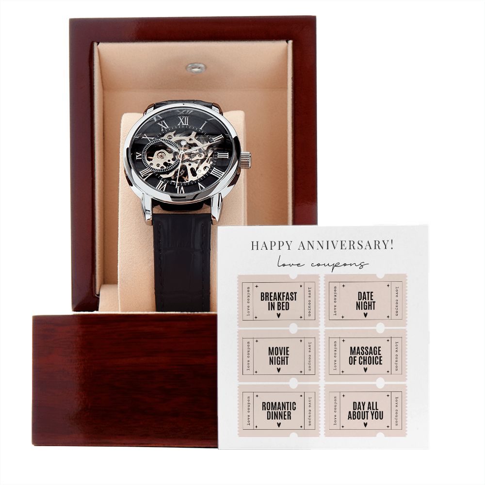 Stylish Men's Openwork Skeleton Watch - Anniversary & Valentine's Gift for Husband, Boyfriend - Romantic Coupon Card Included - Perfect for Date Nights & Special Occasions