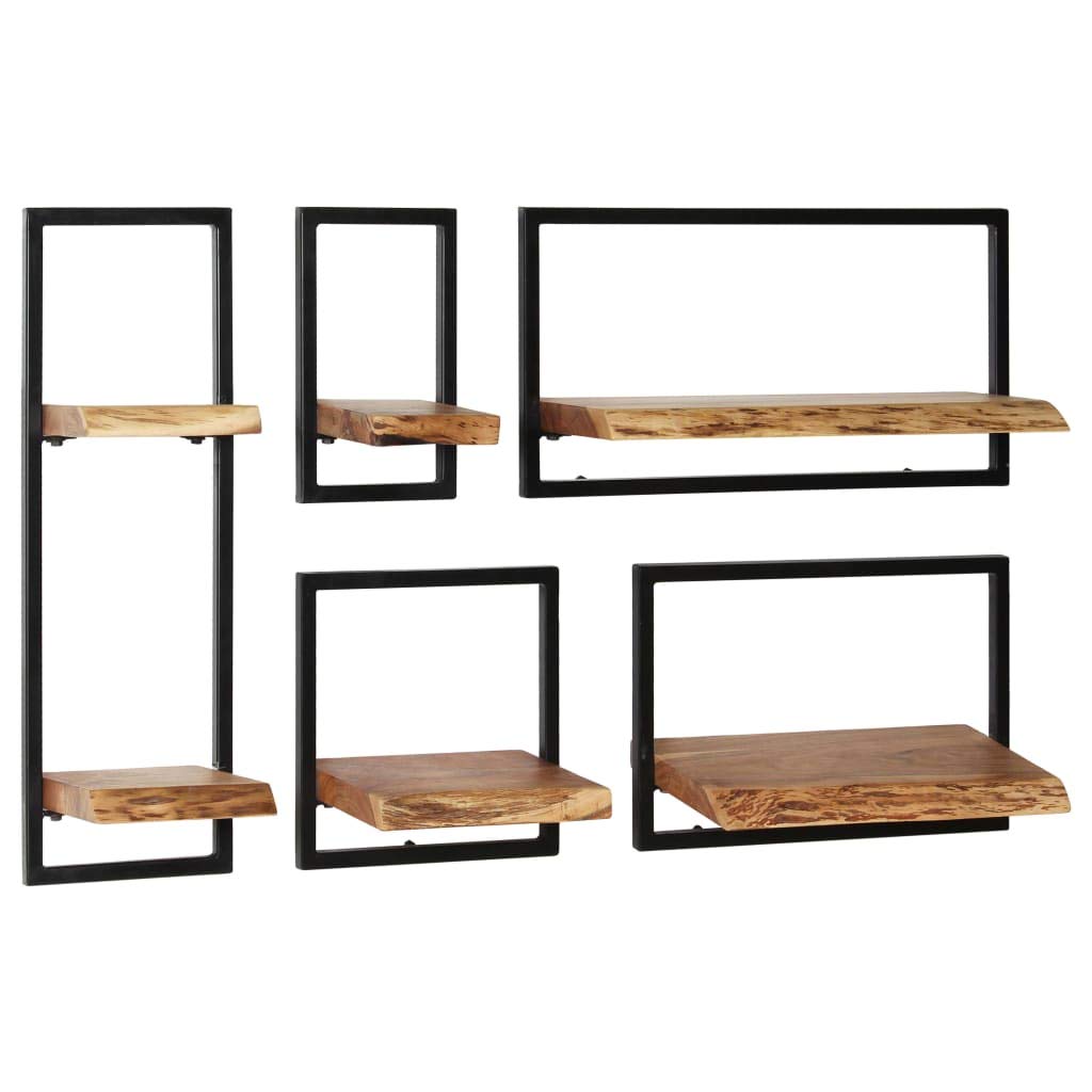 Festnight Set of 5 Floating Wall Shelves - Powder-Coated Steel Frame & Solid Acacia Wood - Wall Mounted Display Shelf for Books, DVDs, Collectibles - Perfect for Living Room, Bedroom, Home Office Decor & Storage Organization