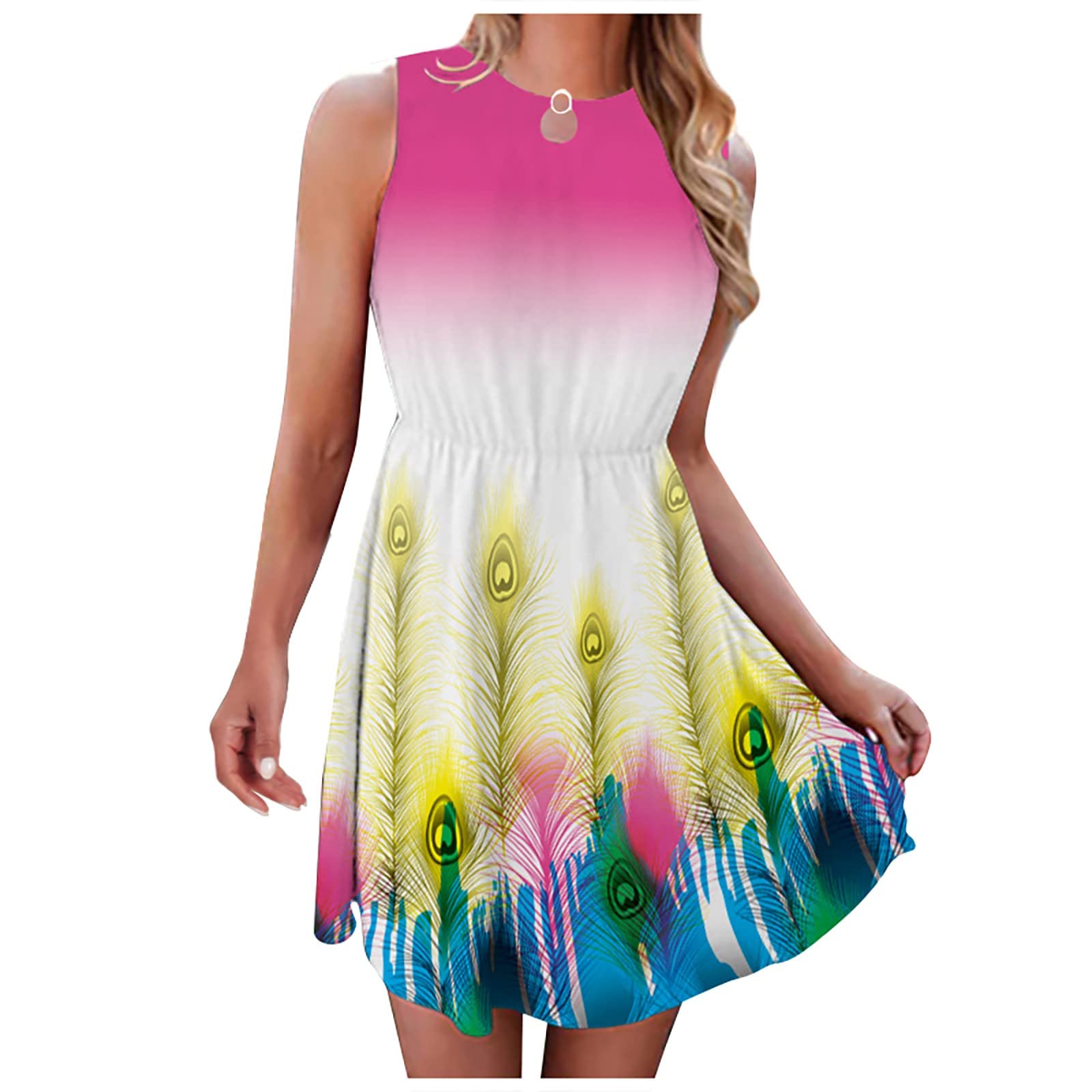 XHJUN Women's Summer Dresses 2023 - Floral Print Sleeveless O-Neck Pullover Dress for Wedding Guest, Beach Vacation & Casual Outings