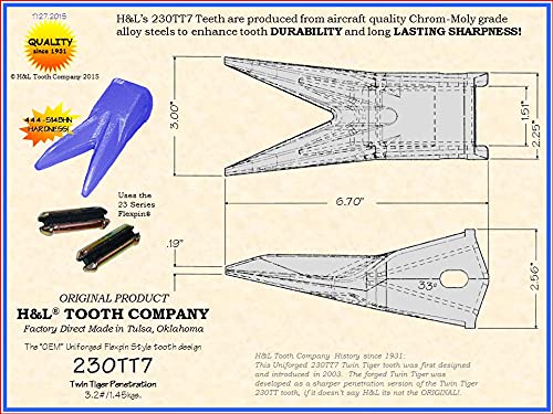 Premium H&L Tooth Company Forged in USA 230TT7 Twin Tiger Backhoe Bucket Teeth + 23FP Flexpins (5-Pack) - Compatible with John Deere, Case, JCB & More | Heavy-Duty Construction & Excavation Equipment Replacement Parts | Includes Free Remover Tool | Made in USA