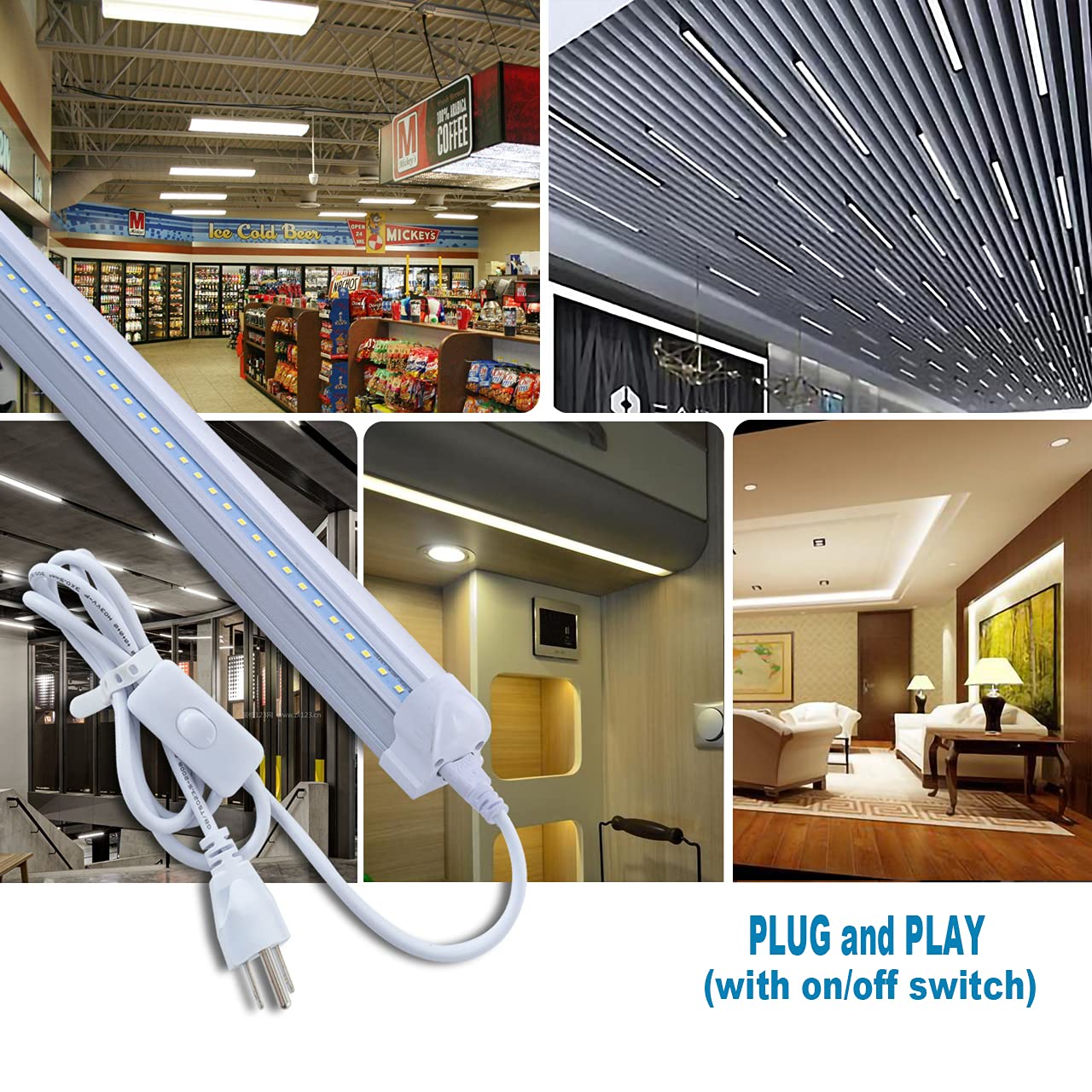 8 Pack 4FT LED Shop Lights 24W, 6000K Daylight White T8 Integrated Tube Lights with ON/Off Switch Cable - Bright Lighting for Garage, Workshop, Basement, Kitchen Under Cabinet & Household Use