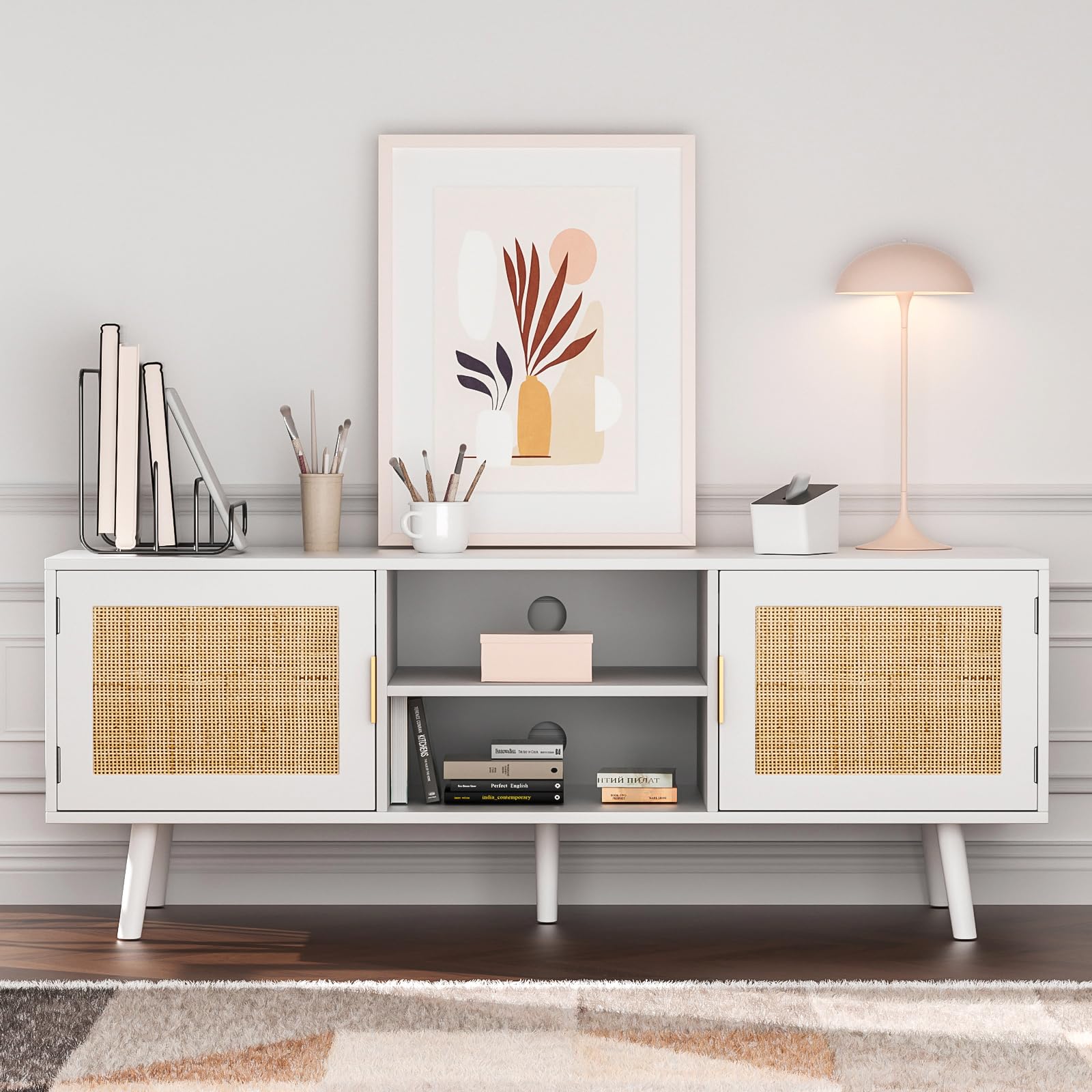 Anmytek 55 Inch Farmhouse Rattan TV Stand - Mid Century Modern Entertainment Center with Storage Cabinet, Wood Media Console for Living Room, Bedroom & Office - White H0055