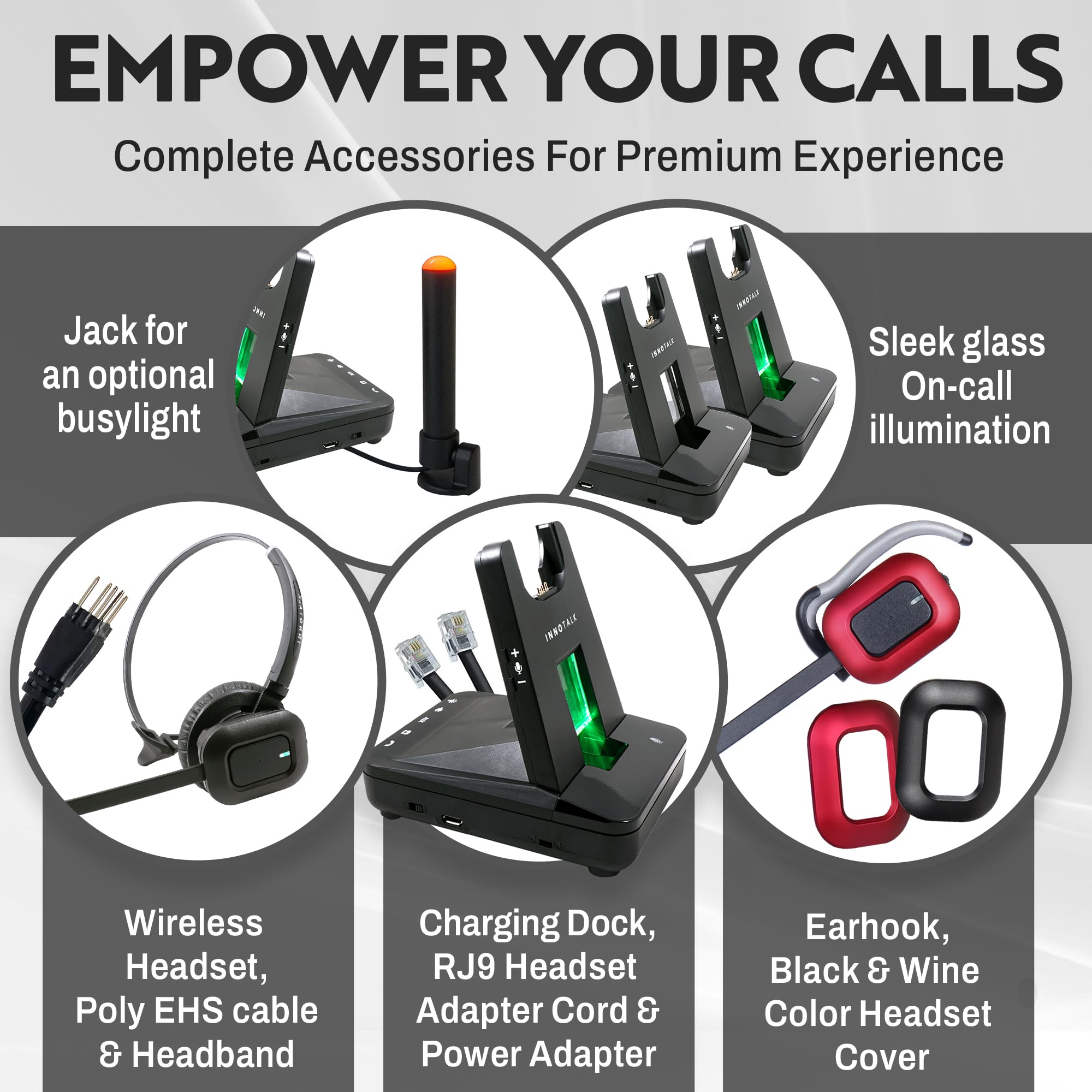 INNOTALK Wireless Bluetooth Headset for Polycom Phones - Compatible with Poly ip335, ip430, ip450, ip550, ip560, ip650, ip670, VVX300, VVX310, VVX400, VVX410, VVX500, VVX600, VVX1500 - Perfect for Office, Call Center & Remote Work