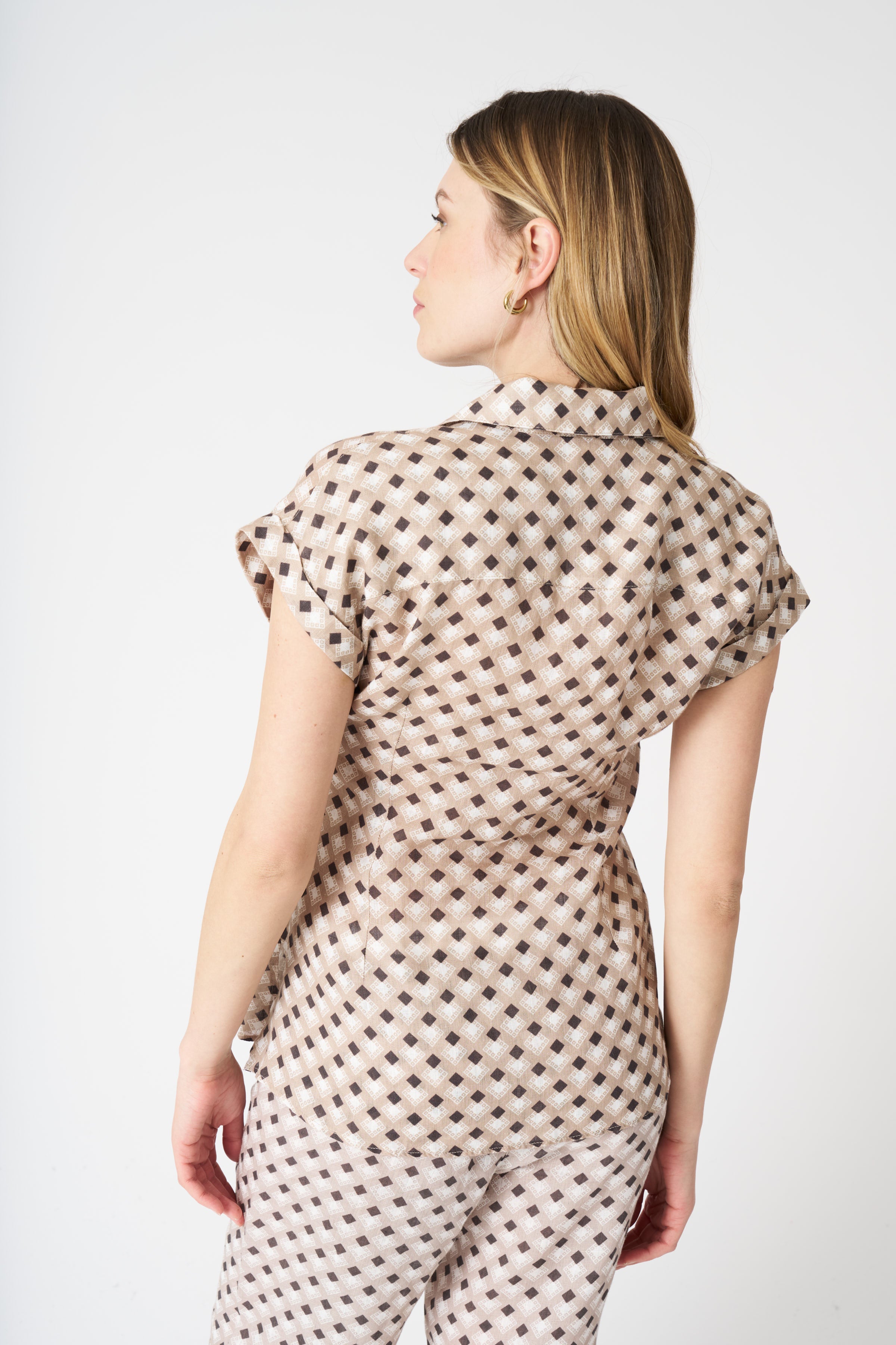 Geometric Print Brown Shirt with Draped Knot Detail - Stylish Women's Casual Blouse for Office Wear & Date Night Outfits