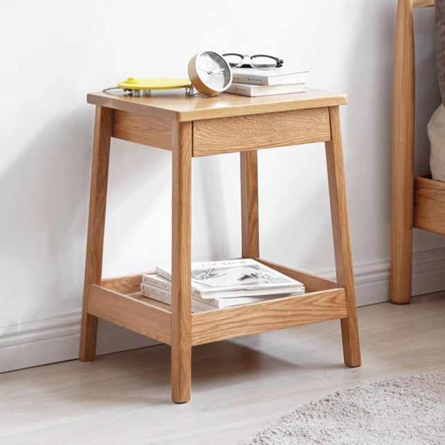 Solid Oak Wood Side Table with Double Layer Shelf - Perfect for Living Room, Bedroom, or Office Decor