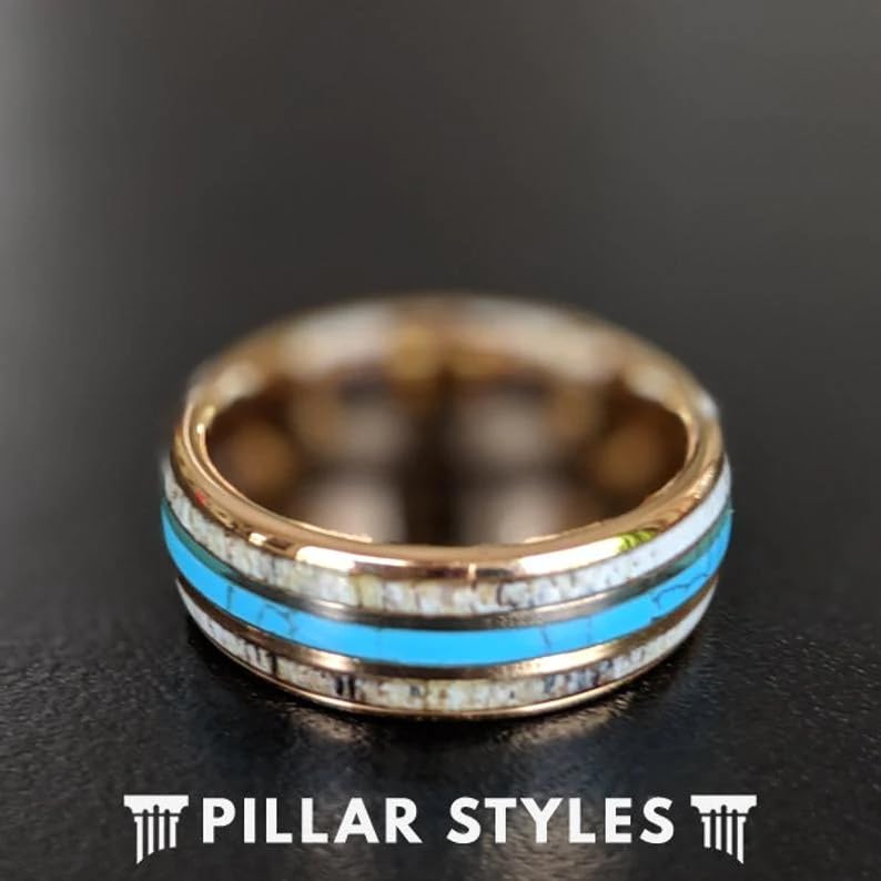 8mm Rose Gold Tungsten Wedding Band for Men with Deer Bone & Turquoise Inlays - Unique Nature Inspired Anniversary Ring - Perfect for Outdoor Enthusiasts, Rustic Weddings & Nature-Themed Gifts