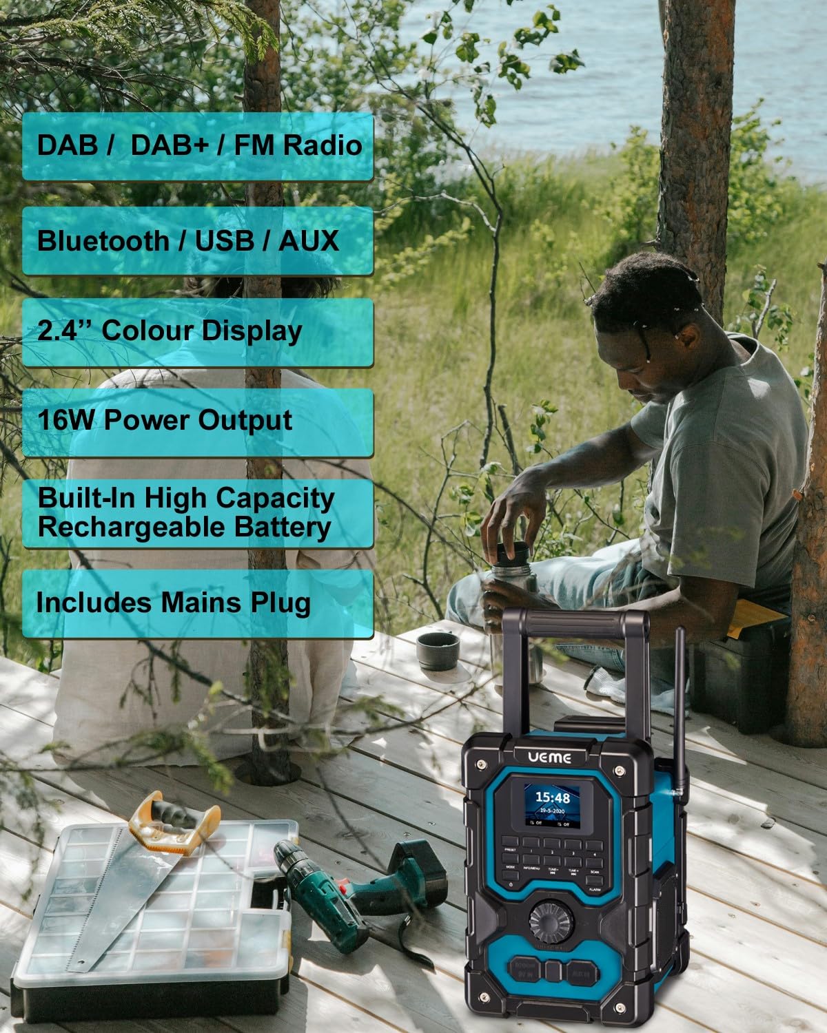 UEME 16W Jobsite DAB/DAB+ FM Radio - Rugged Construction Bluetooth Radio with Rechargeable Battery, AUX Input & USB Phone Charger | Ideal for Construction Sites, Workshops & Outdoor Work | Includes Mains Adaptor