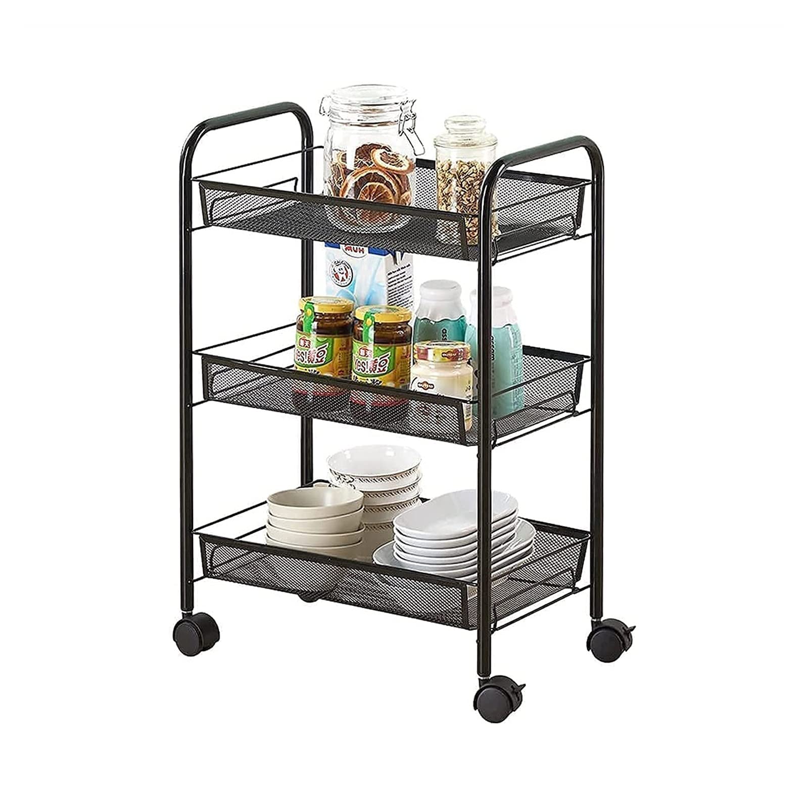 3-Tier Mesh Wire Rolling Cart - Heavy Duty Metal Kitchen Storage Organizer with Wheels | Utility Cart for Home, Office, Dorm & Commercial Use | Space-Saving Art Trolley & Storage Basket Solution