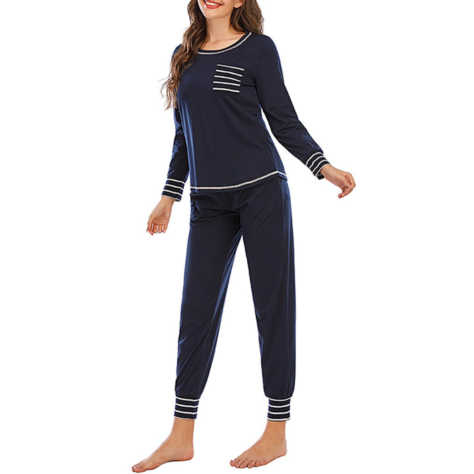 Women's 2-Piece Pajama Set - Soft Round Neck Long Sleeve Top & Comfortable Pants - Striped Printed Loungewear for Sleep & Relaxation at Home
