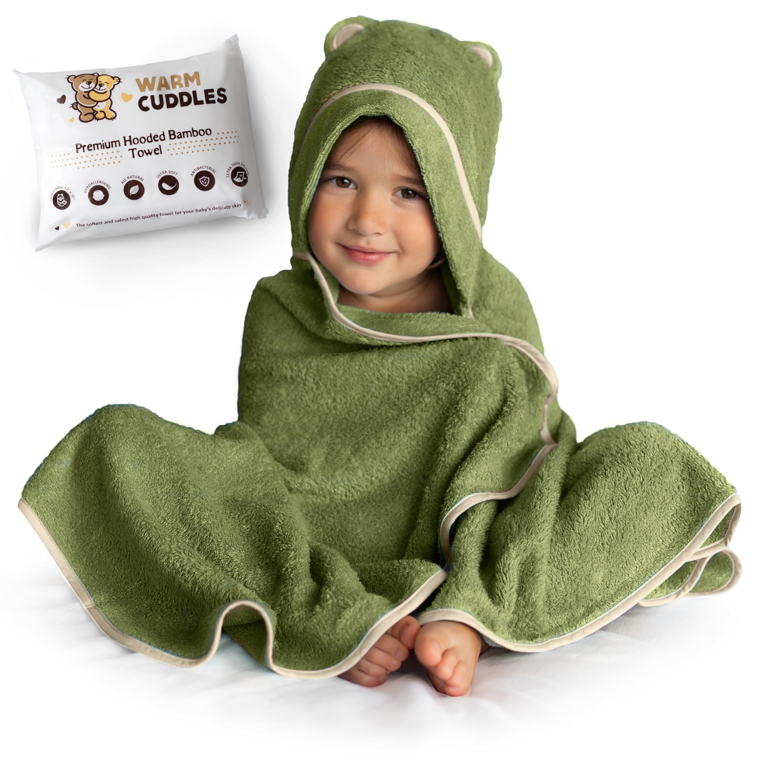 Premium Bamboo Rayon Toddler Hooded Towel - Soft & Absorbent Baby Bath Towel for Boys & Girls - Large Kids Hooded Towel for Swimming, Beach & Bath Time (Olive Green)