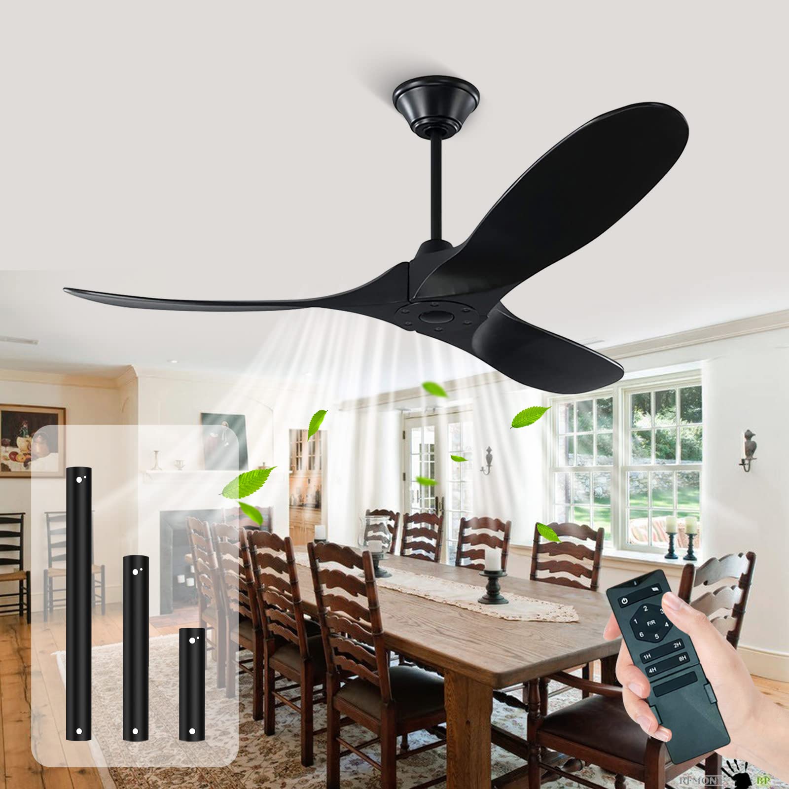 YZEENM 60 Inch Black Ceiling Fan No Light - 3 Blade Wood Ceiling Fan with Remote Control, 6 Speed & Reversible DC Motor - Indoor/Outdoor Ceiling Fan for Bedroom, Living Room, Patio - Perfect for Home Cooling and Air Circulation