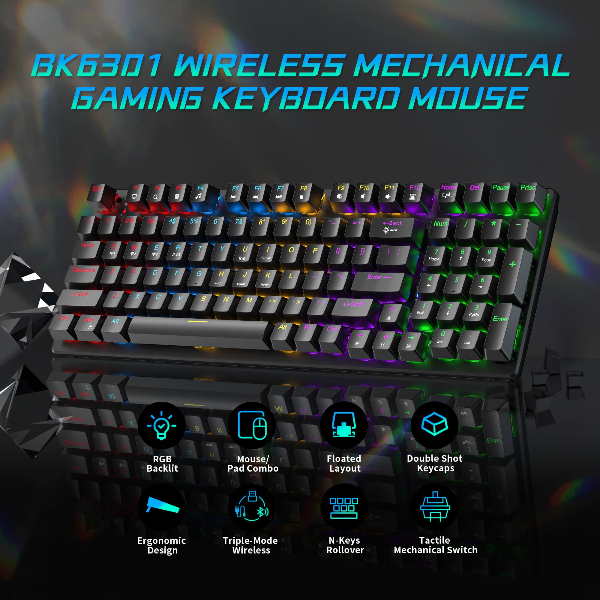 Wireless Mechanical Gaming Keyboard and Mouse Combo - 98 Keys RGB Backlit with Black Switches, Ergonomic Wireless Mouse & Mouse Pad, 3-Mode Connectivity (USB-C/2.4G/BT5.0), Full Anti-Ghosting - Perfect for PC & Laptop Gamers (Esports, FPS, MMO Gaming)
