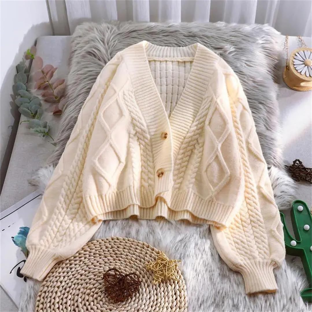 Women's Autumn Winter Knitted Cardigan with Lantern Sleeves - Long Sleeve Solid Color Sweater Coat Jacket for Casual Wear, Office Outfits & Fall Fashion