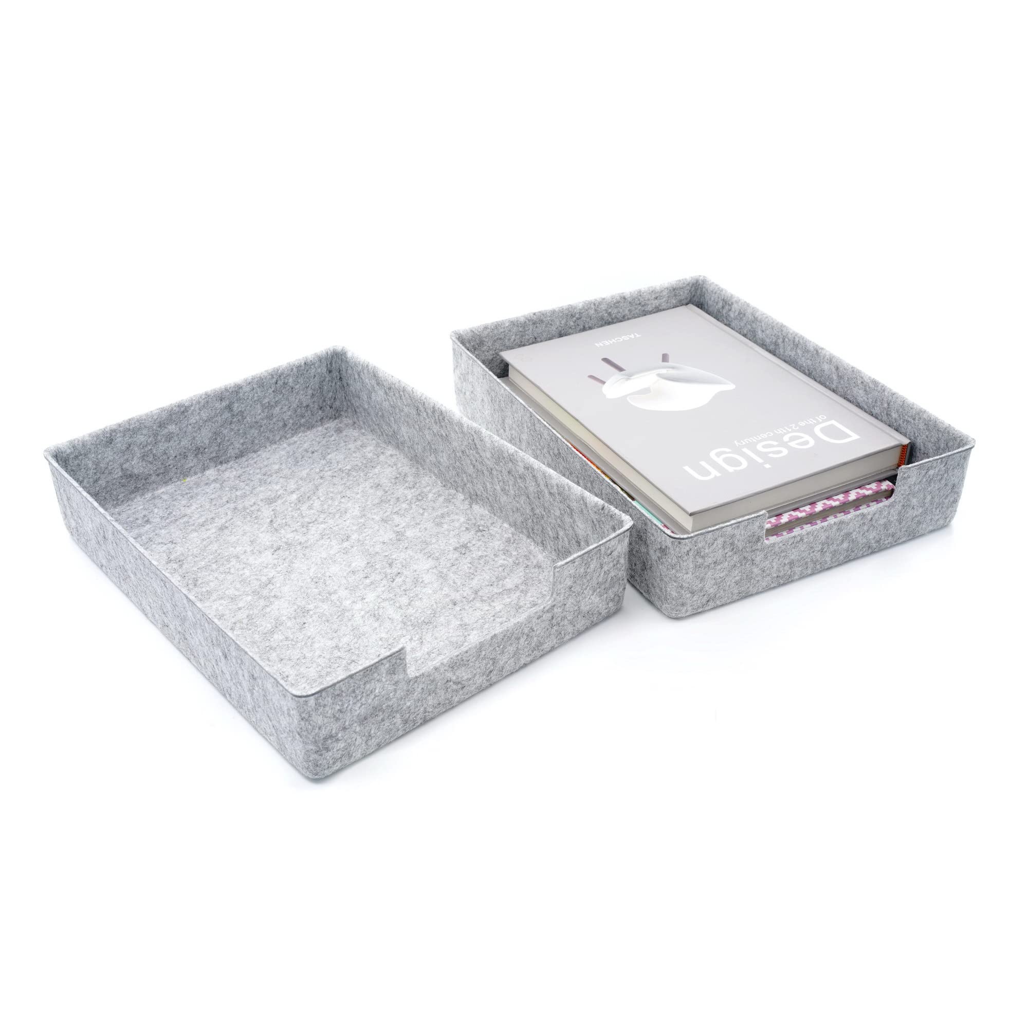 Welaxy 2-Piece Stackable Desk Drawer Organizer Trays - Soft Sturdy Felt Storage Bins for Documents, Files, Papers & Magazines - Office Supplies (Gray) - Perfect for Home, Office & Workspace Organization
