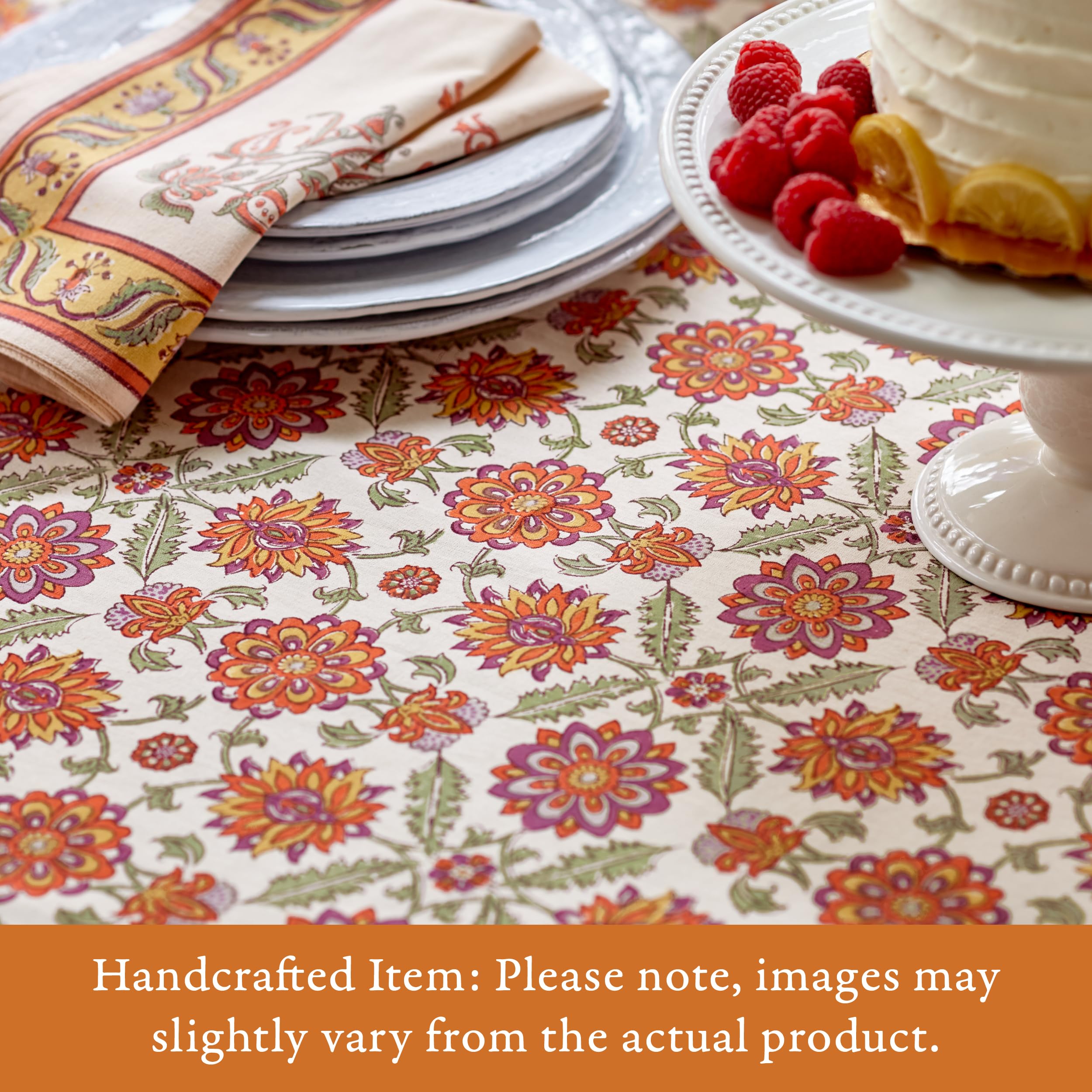 Luxury 100% Cotton Round Hand Block Printed Tablecloth - Orange Blossom Design, Washable & Durable for Home Decor, Perfect for Kitchen, Coffee or Dining Table (70 Inch) - Ideal for Dinner Parties, Family Gatherings & Everyday Use