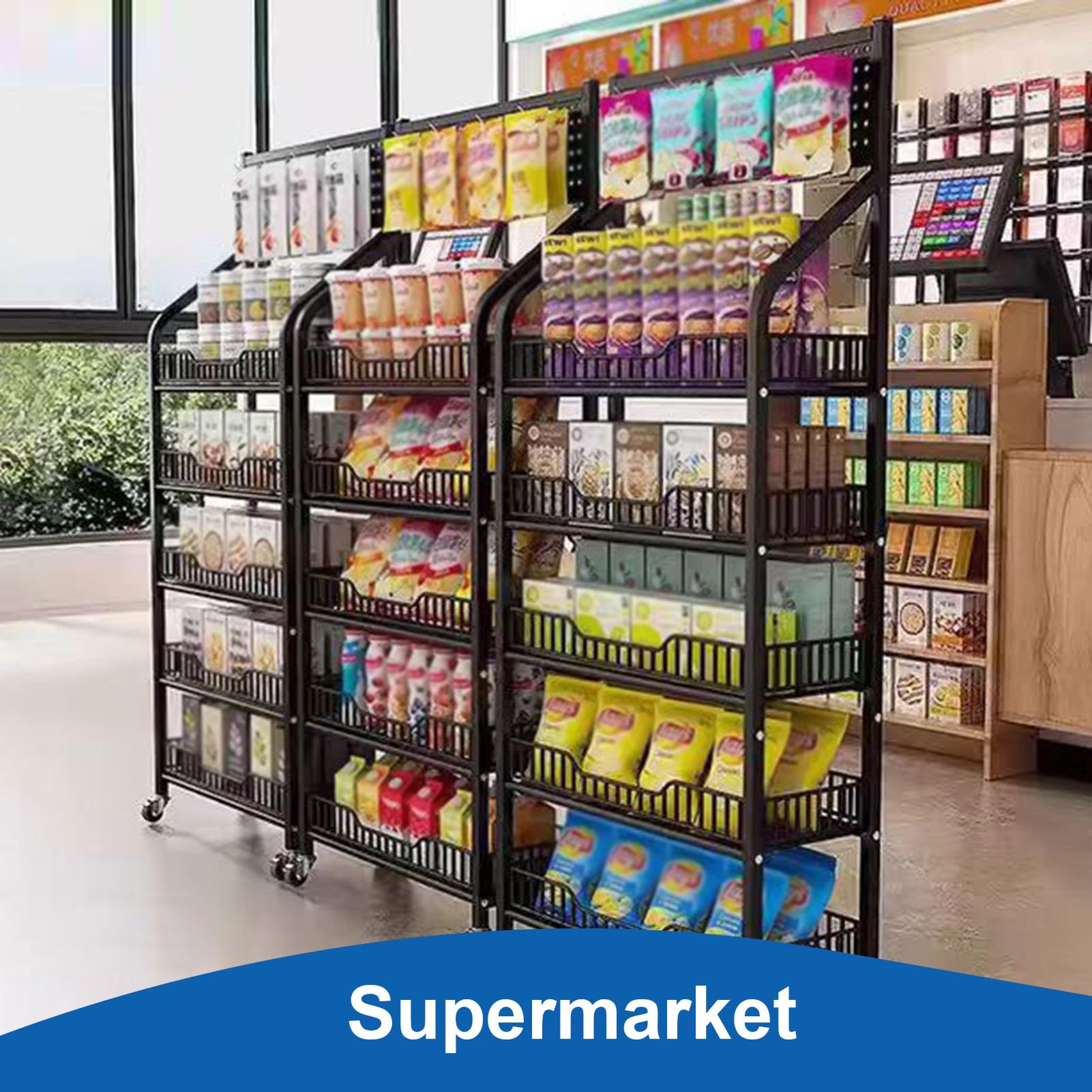 5 Tier Metal Wire Display Rack with Wheels & Hooks - Snack Organizer Stand for Supermarket, Retail Store, and Home Kitchen - Perfect for Candy, Potato Chips, and Grocery Storage (Black)