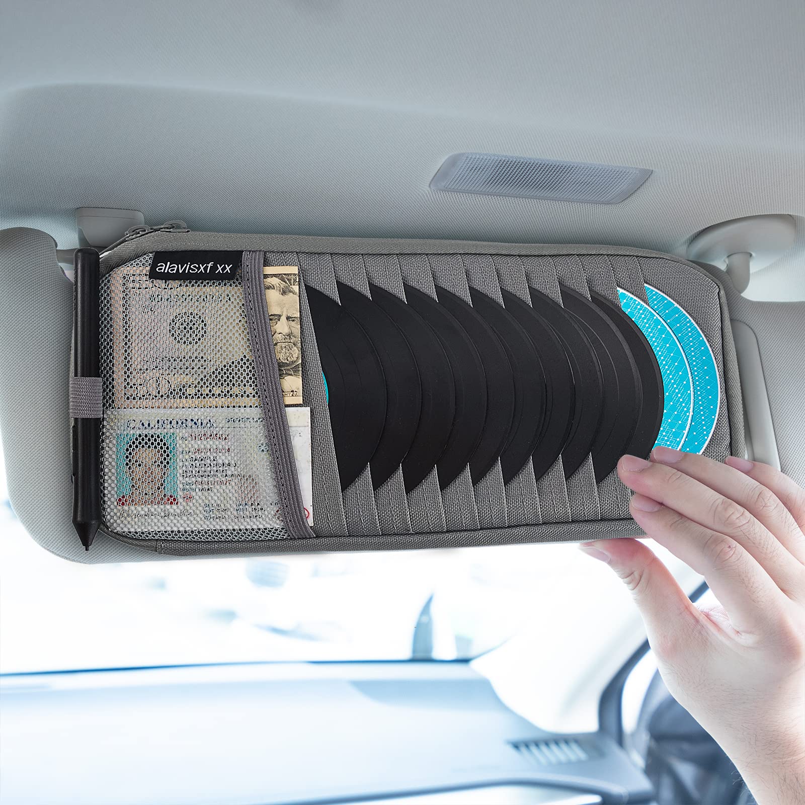 Alavisxf XX Car CD Holder - Large Capacity 12-Sleeve Visor Organizer with Mesh Pocket, Pen Holder & Inner Pocket for CDs, DVDs & Accessories - Perfect for Road Trips & Commuting (Grey)