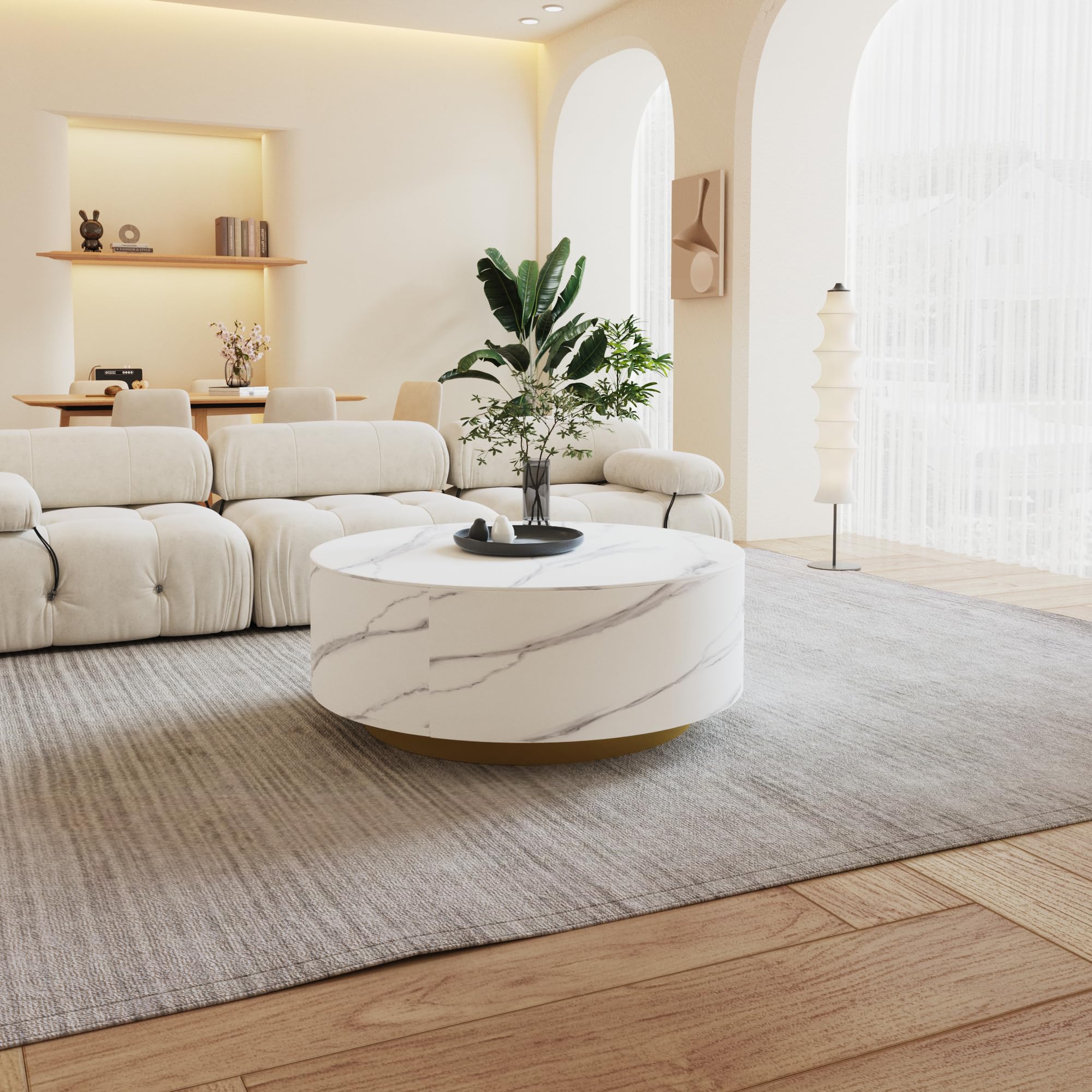 Modern Round Coffee Table with 2 Drawers - Sintered Stone Tabletop & Gold Metal Base - 33.4