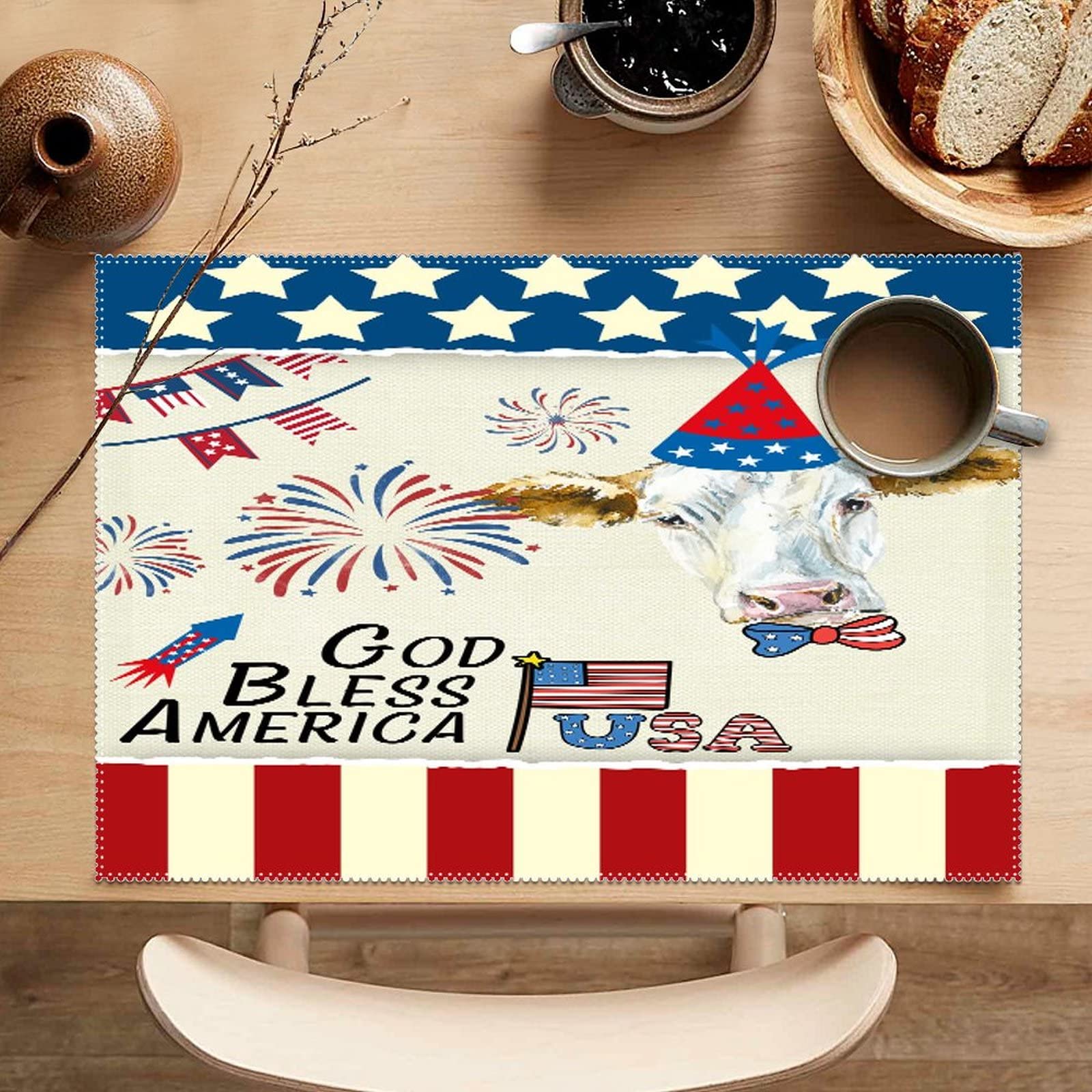 God Bless America Cow Farmhouse Placemats Set of 4 - Stain-Proof, Non-Slip & Heat Resistant - Patriotic American Flag Retro Table Decor for Dining, Kitchen & Banquet - Perfect for Memorial Day, 4th of July & Everyday Use