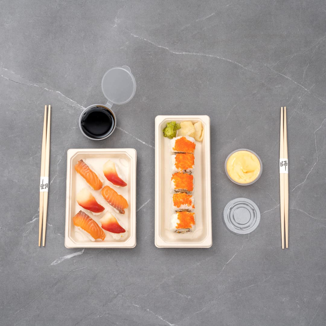 Eco-Friendly 8.7 x 3.5 Inch Microwavable Bagasse Sushi Trays - 100-Pack Sugarcane Fiber Dishes, Freezer Safe (Lids Sold Separately) | Perfect for Restaurants, Catering & Home Sushi Parties