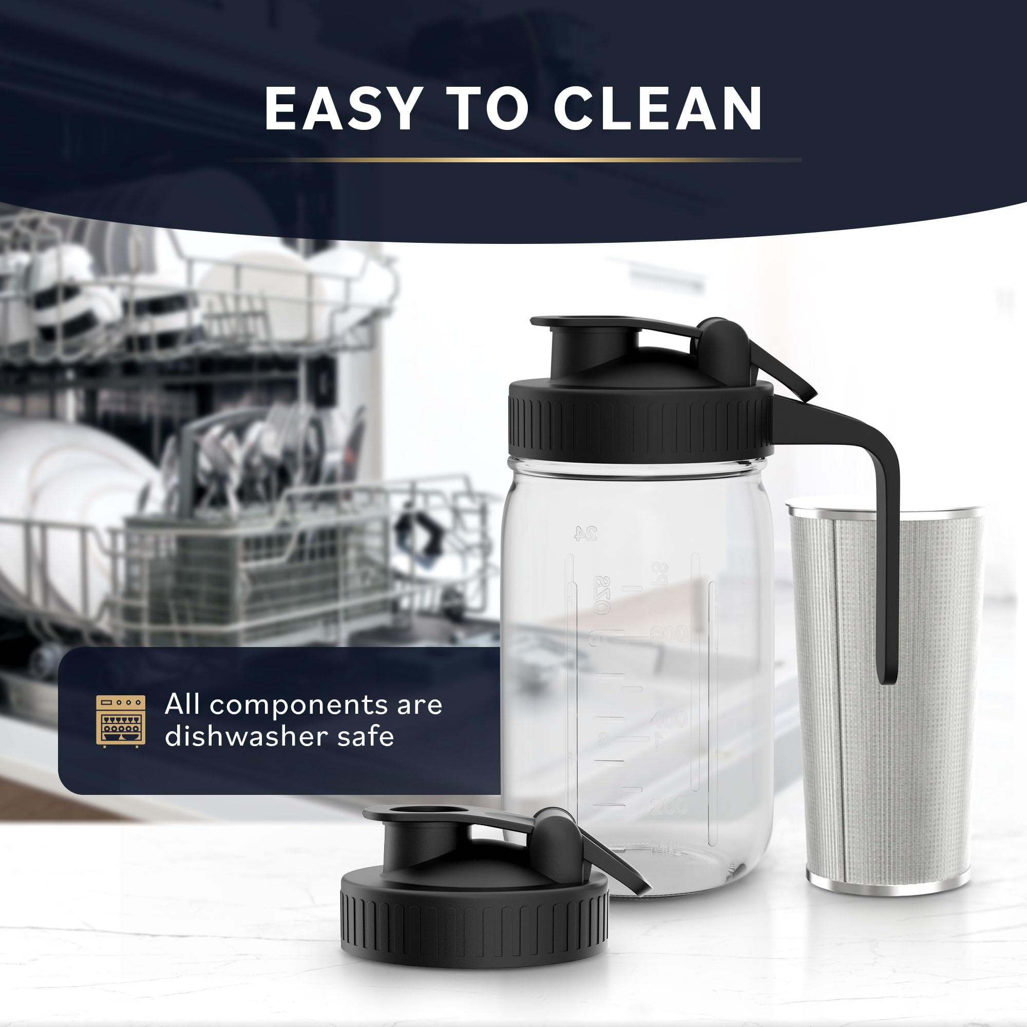 Premium Cold Brew Coffee Maker with Heavy-Duty Glass Body & Stainless Steel Filter - 32 oz Iced Tea & Coffee Pitcher with Flip Cap Lid - Perfect for Home, Office, and Outdoor Use (Black, 1 Quart)
