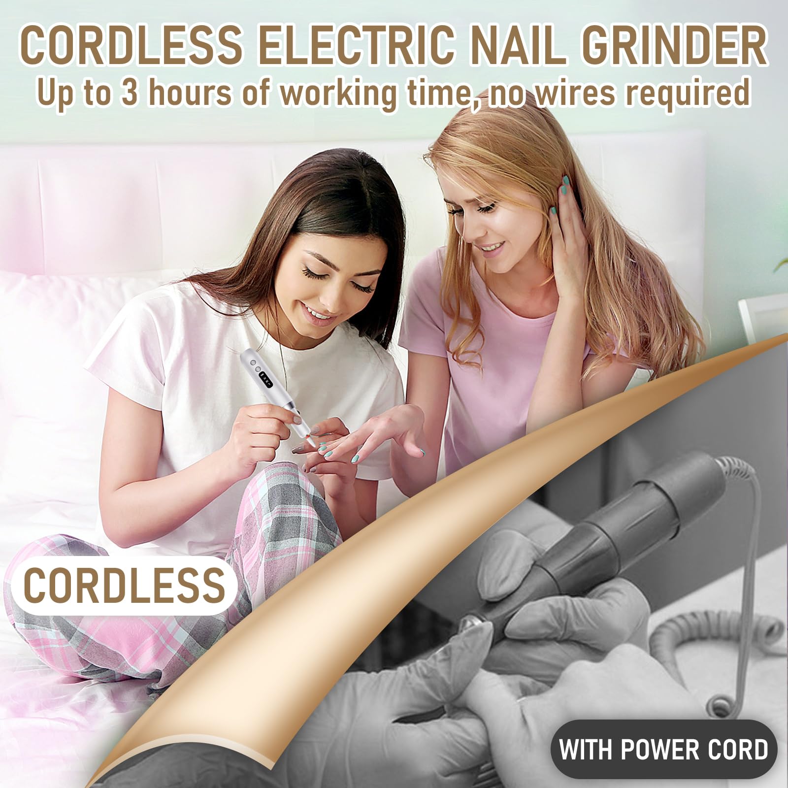 Professional Cordless Electric Nail Drill Kit - 15000RPM 3-Speed Rechargeable Manicure Pedicure Tool with Reversible Direction for Acrylic, Gel & Dip Powder Nails | Portable Nail File for Home & Salon Use | Perfect for DIY Nail Art & Professional Nail Care