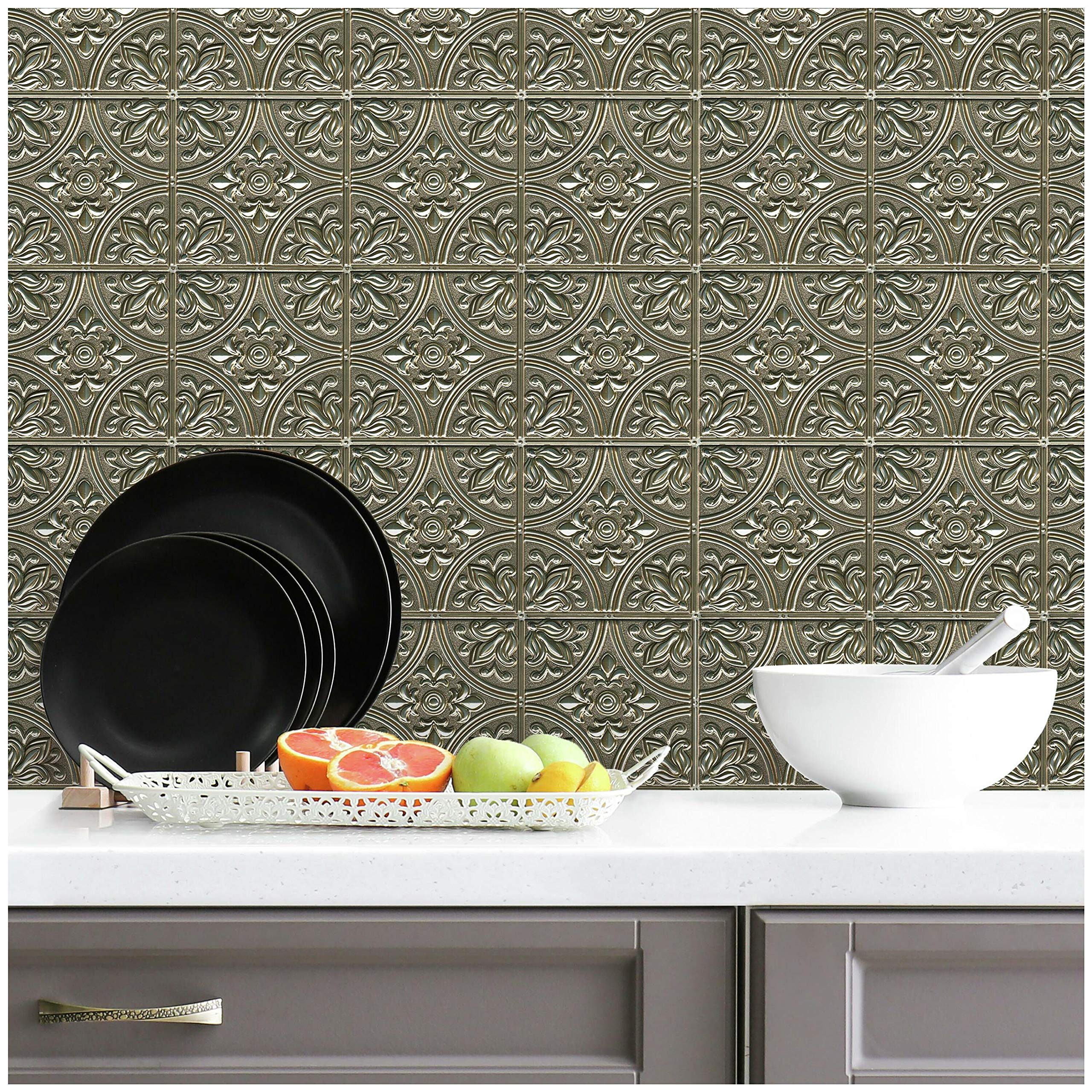 RoomMates TIL4625FLT Peel and Stick Tile Backsplash - Gold Tin Metallic Self-Adhesive Wall Tiles for Kitchen, Bathroom & Home Decor | Easy DIY Installation, Waterproof & Removable