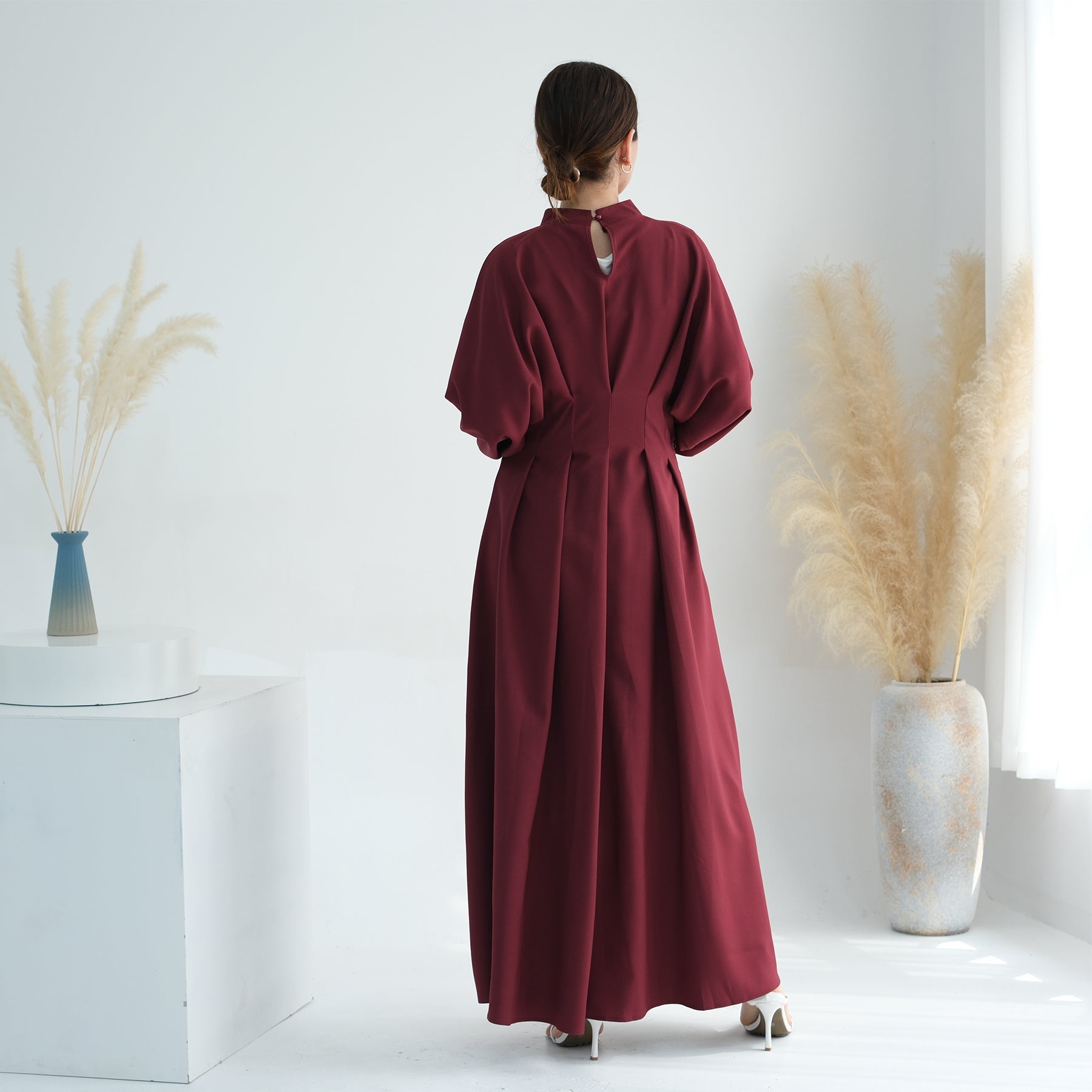 Madison Long Sleeve Maxi Dress for Women - Elegant Wine Red Flowy Formal Gown with Side Slits, Perfect for Weddings, Parties & Special Occasions